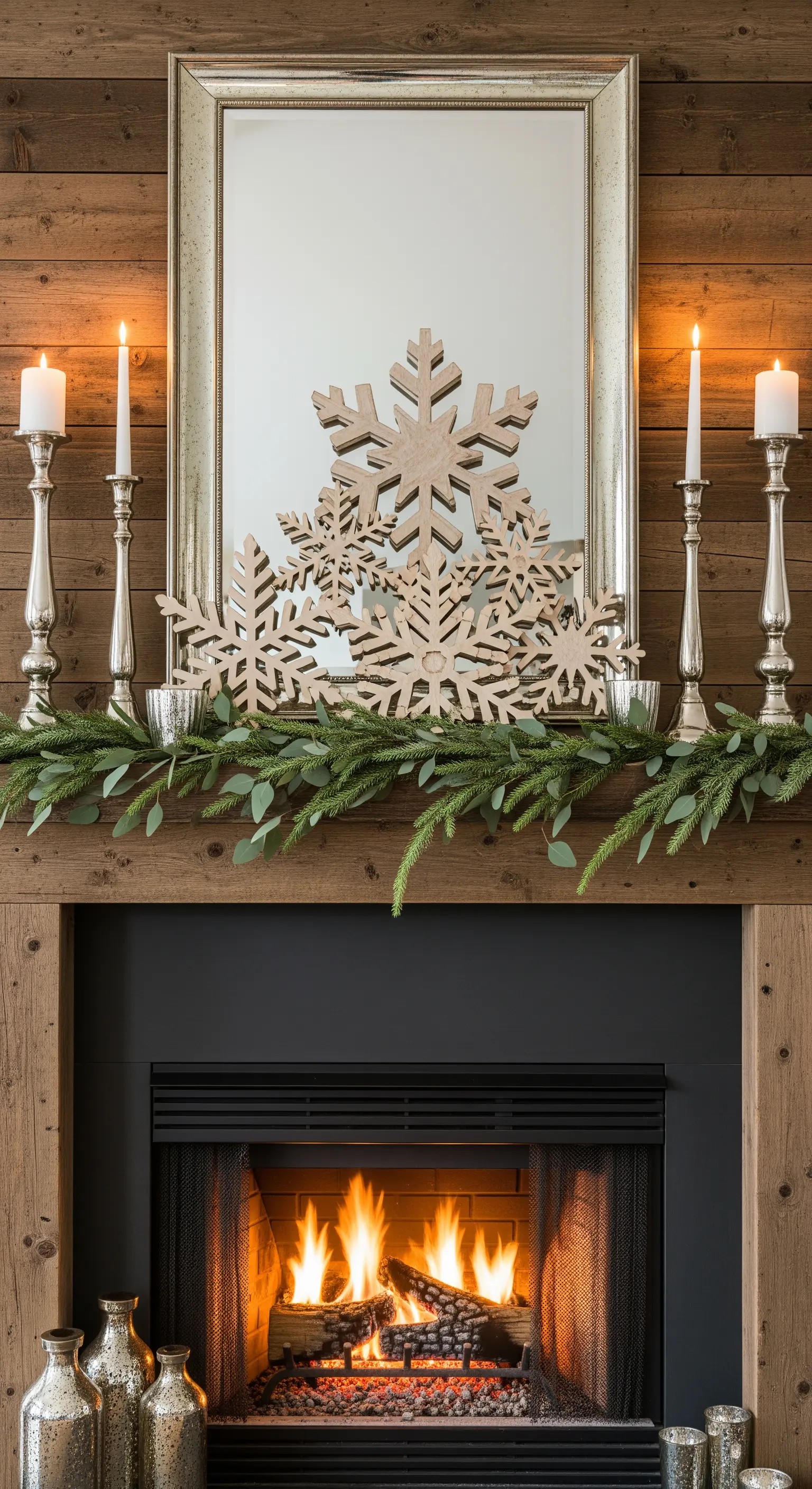 Holzschneeflocken und Kerzen auf dem Kaminsims