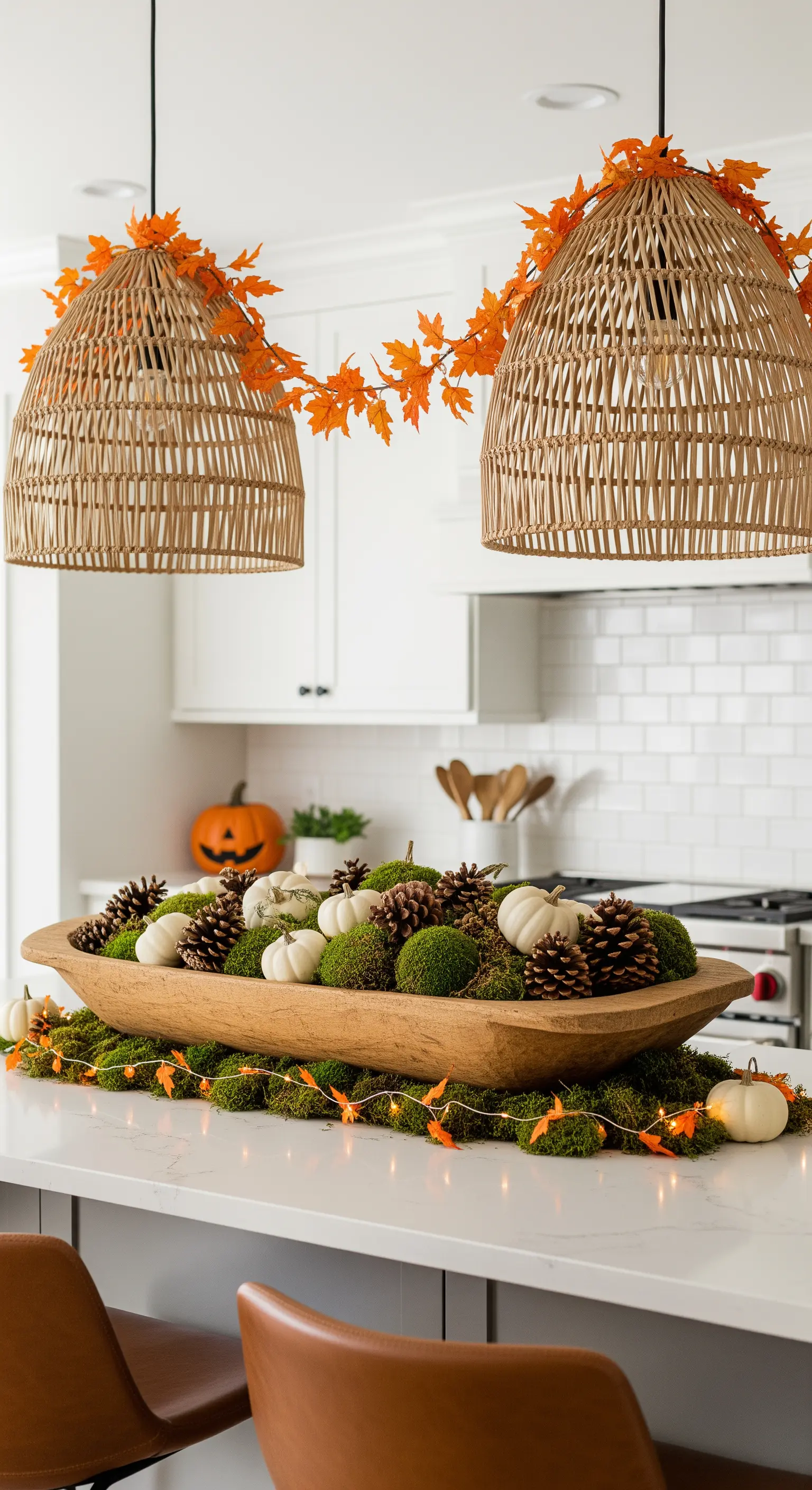 Holzschale mit Moos und Kürbissen auf Kücheninsel