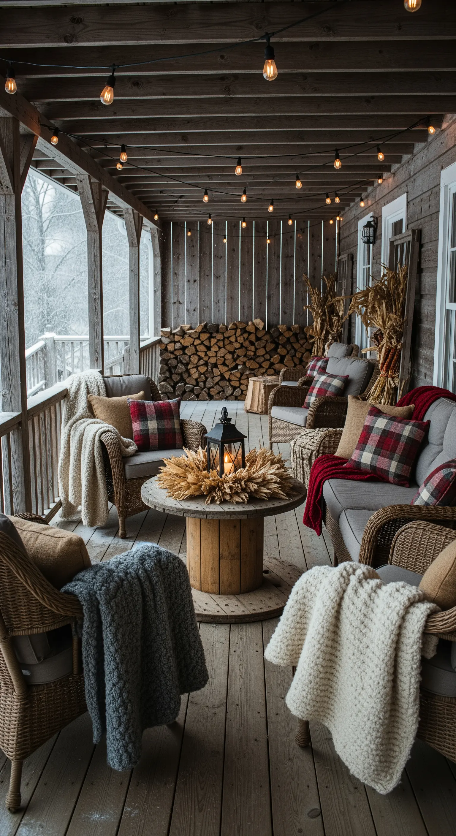 Überdachte Veranda mit Rattanmöbeln, Strickdecken und Holzstapel