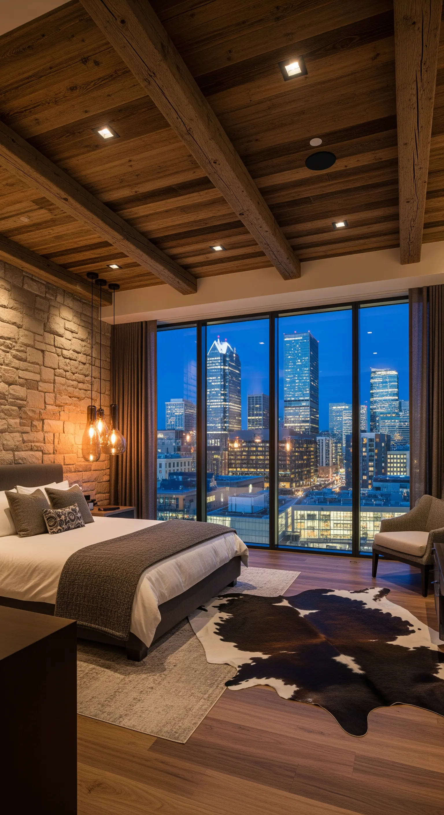 Schlafzimmer mit Steinwand, Holzdecke und Kuhfell-Teppich