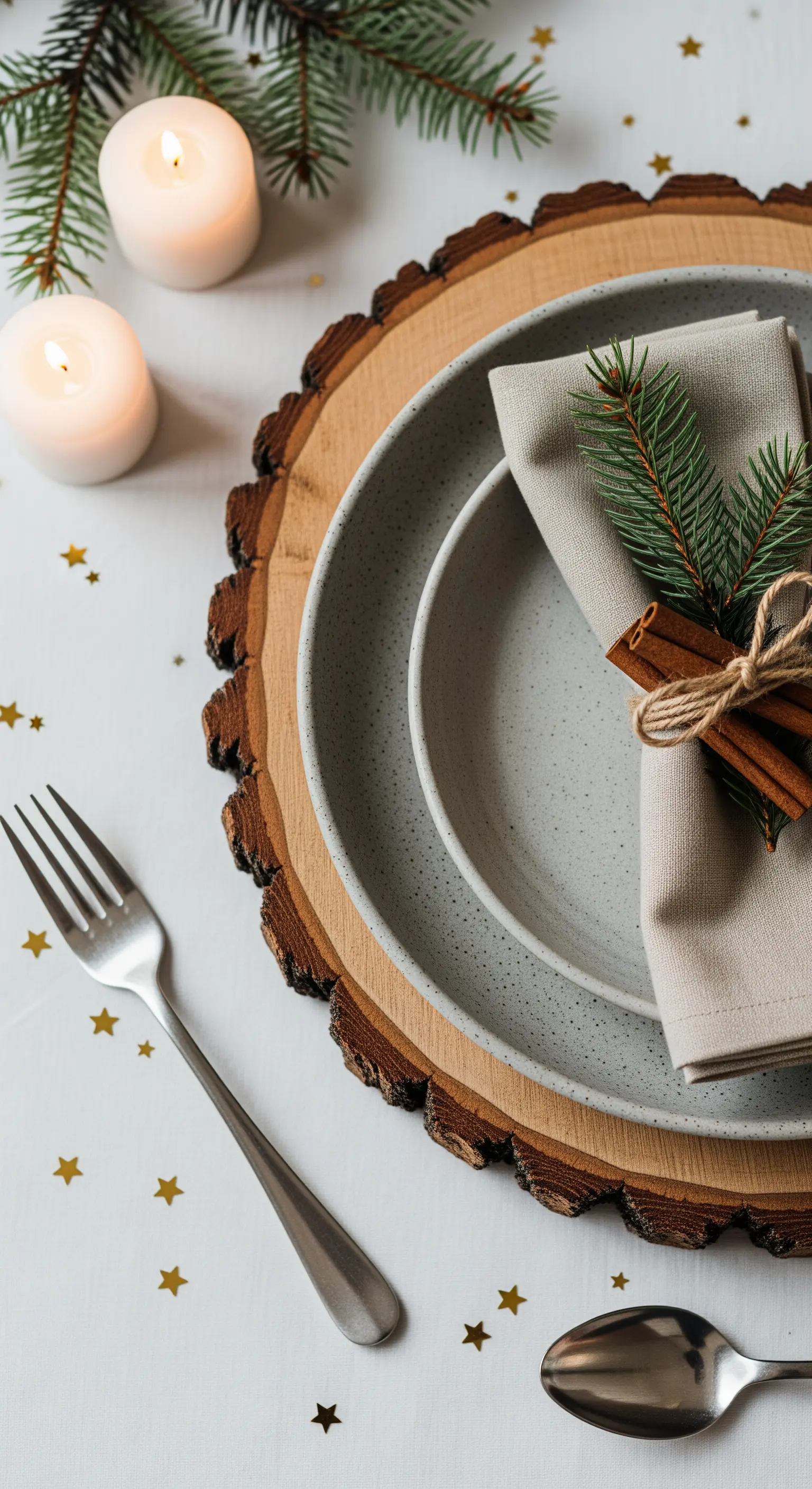 Holzscheibe als Platzset mit Zimtstangen-Serviettendeko
