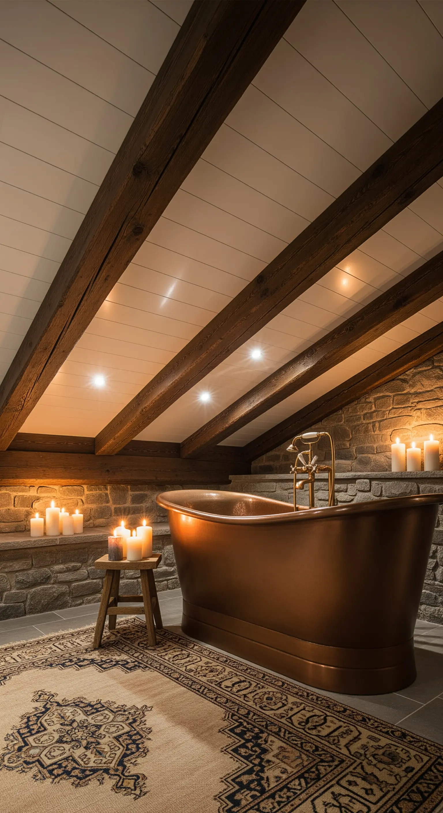 Rustikales Bad im Dachgeschoss mit Holzbalken und warmer Beleuchtung