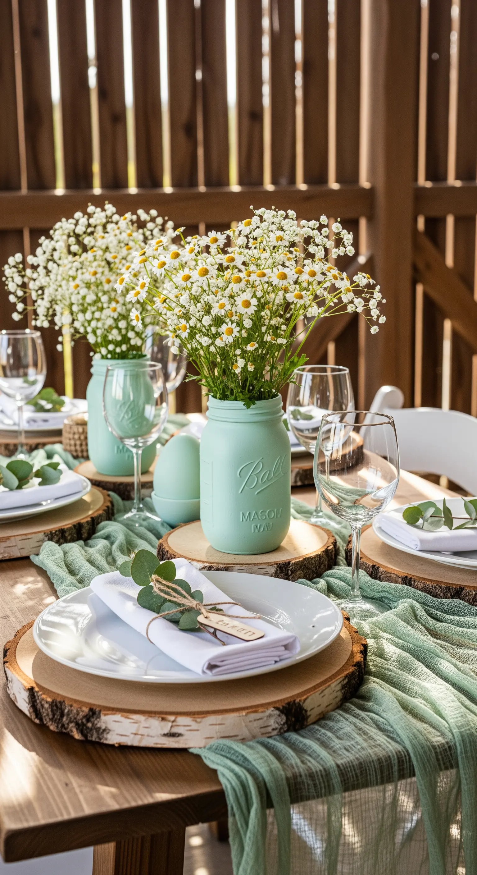 Holzscheiben als Platzsets mit mintgrünen Mason Jars