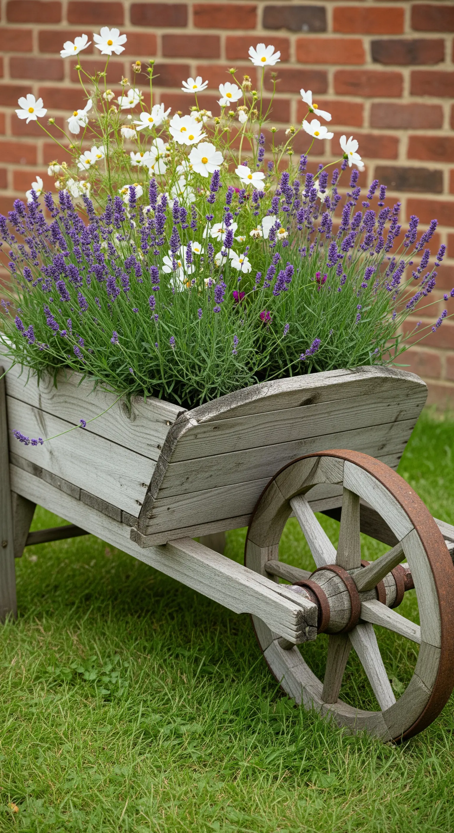 Alte Holzschubkarre bepflanzt mit Lavendel und weißen Blumen