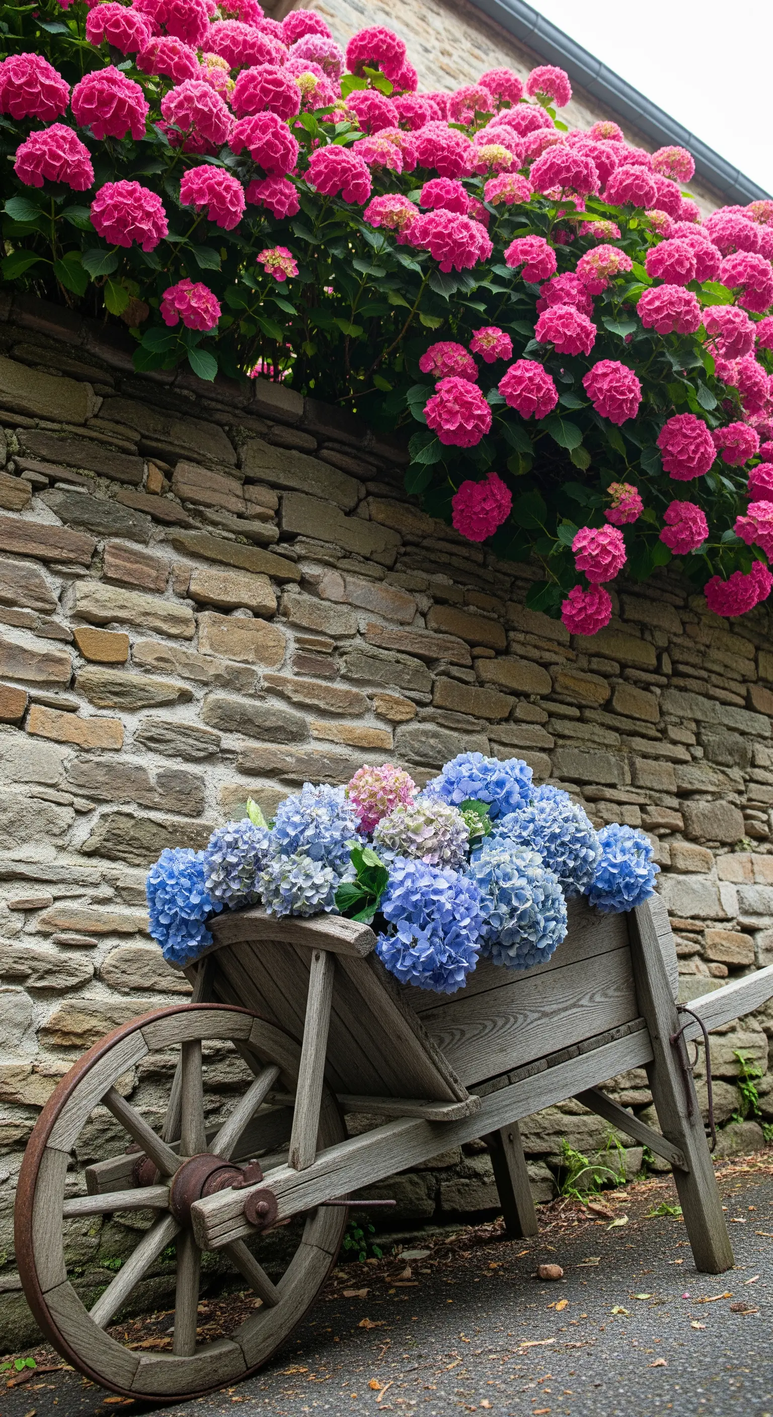 Holzschubkarre gefüllt mit blauen Hortensien