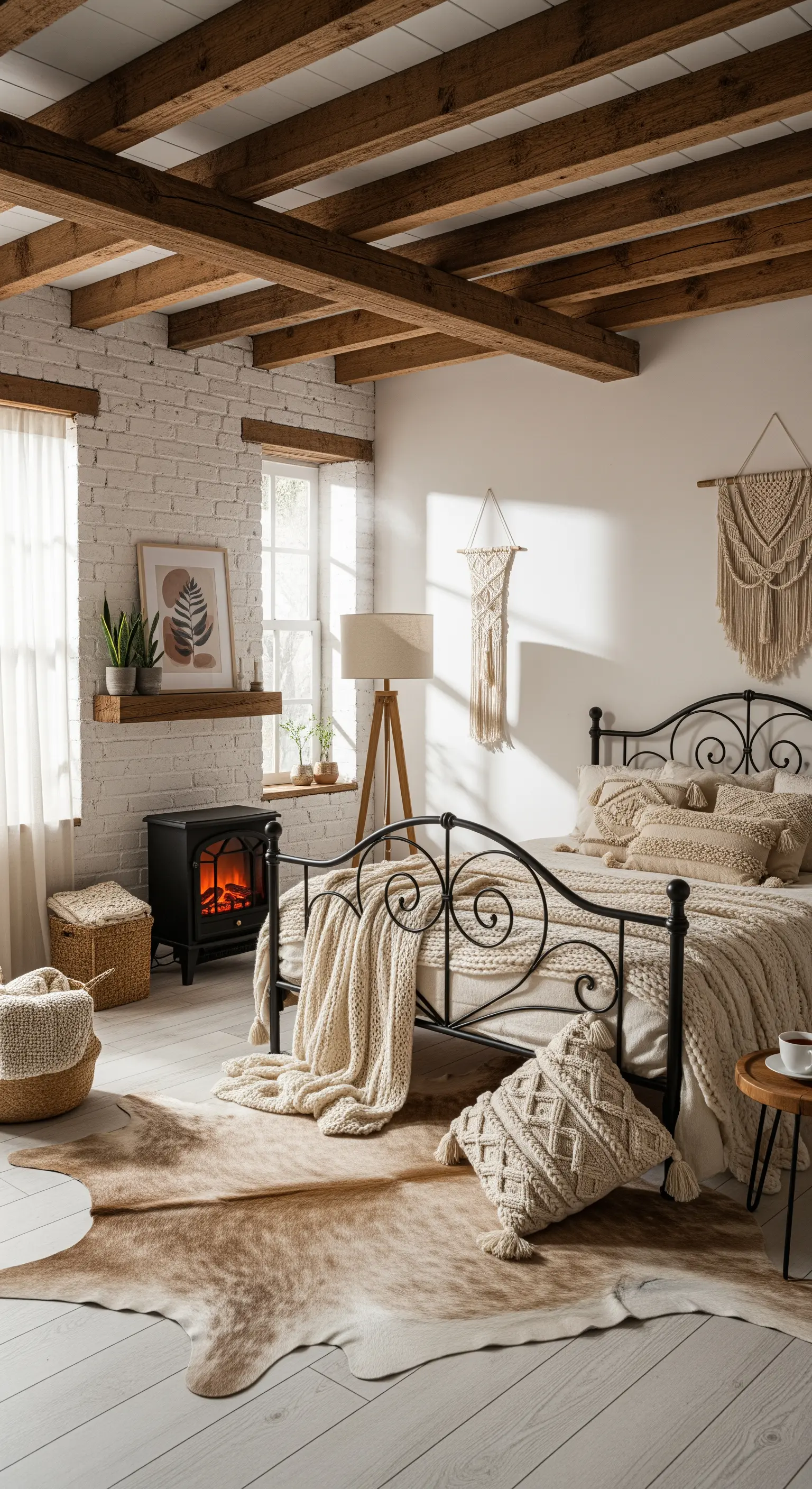 Industrial Boho Schlafzimmer mit Backsteinwand