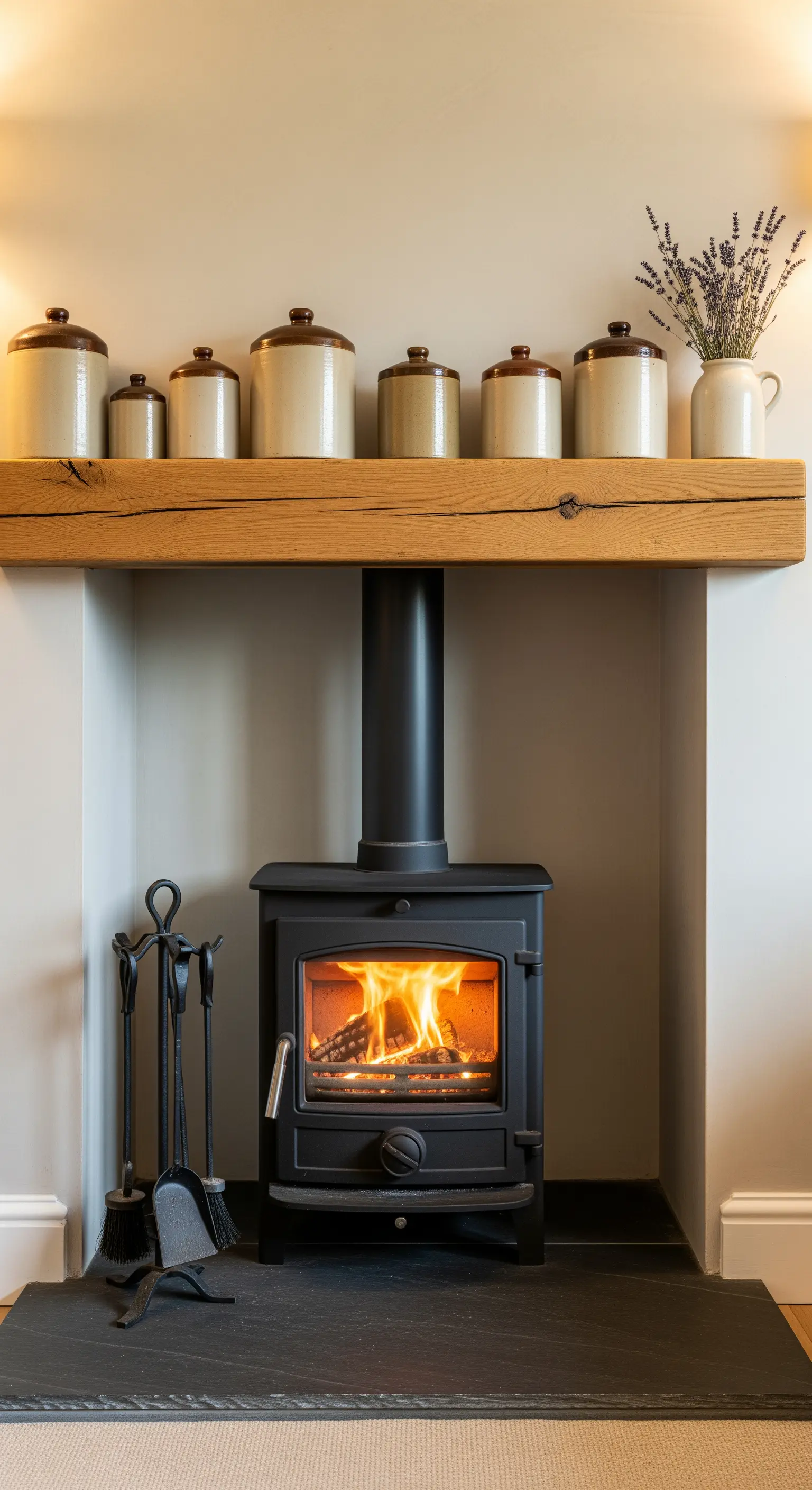 Sammlung von beigen Steingut-Töpfen auf rustikalem Holzbalken