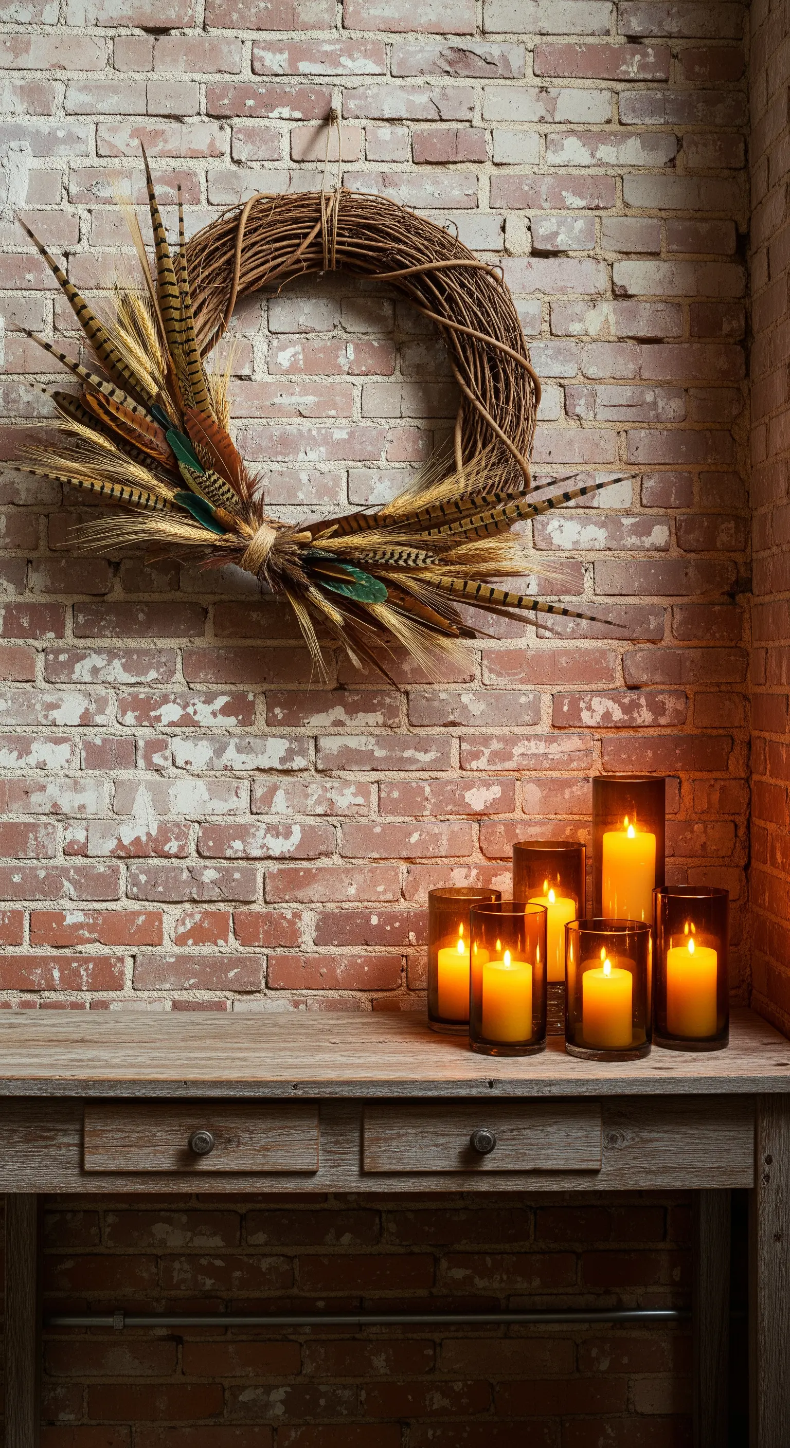 Federkranz an Backsteinwand mit vielen Windlichtern