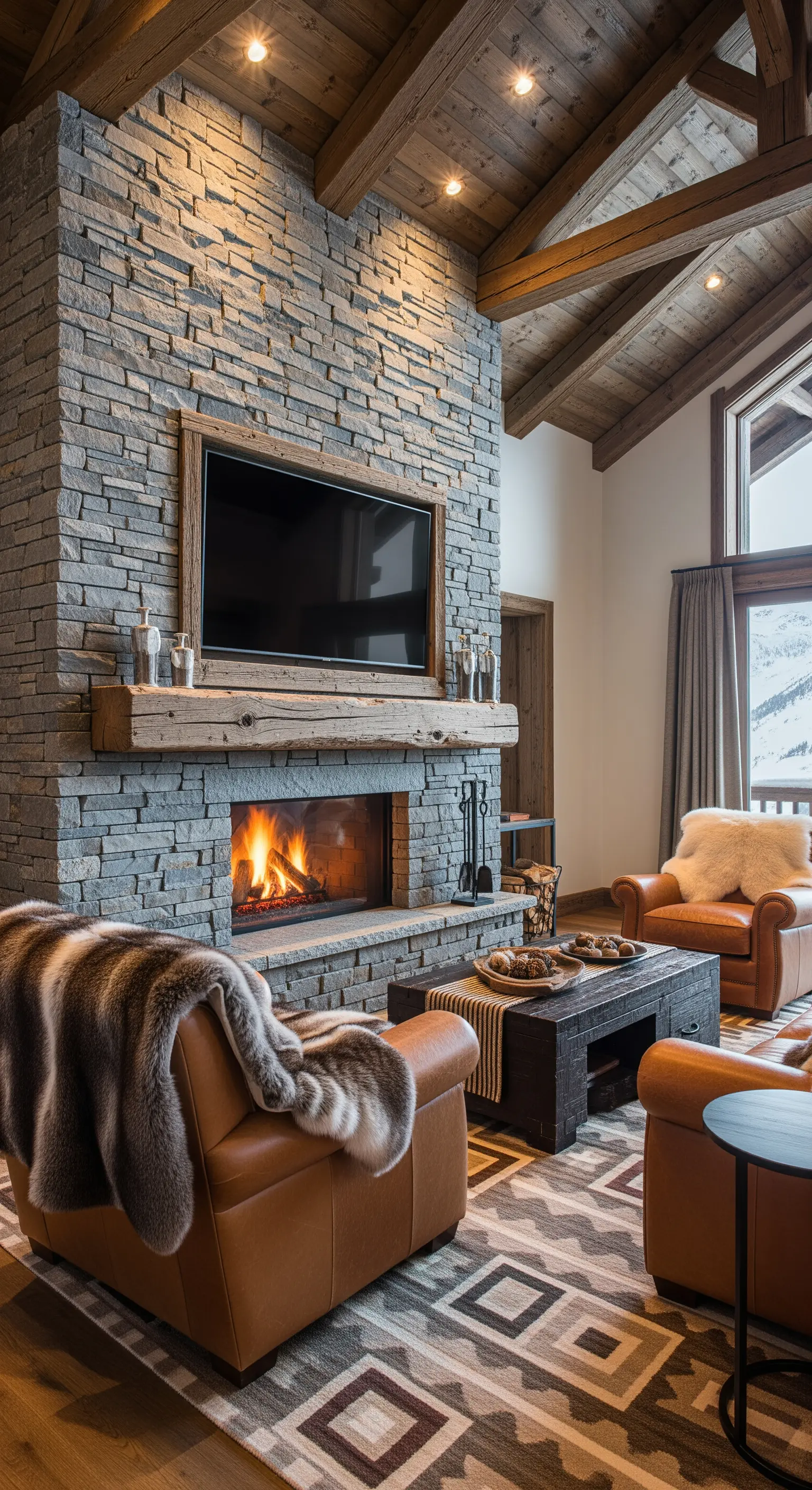 Hohe Natursteinwand mit rustikalem Holzbalken