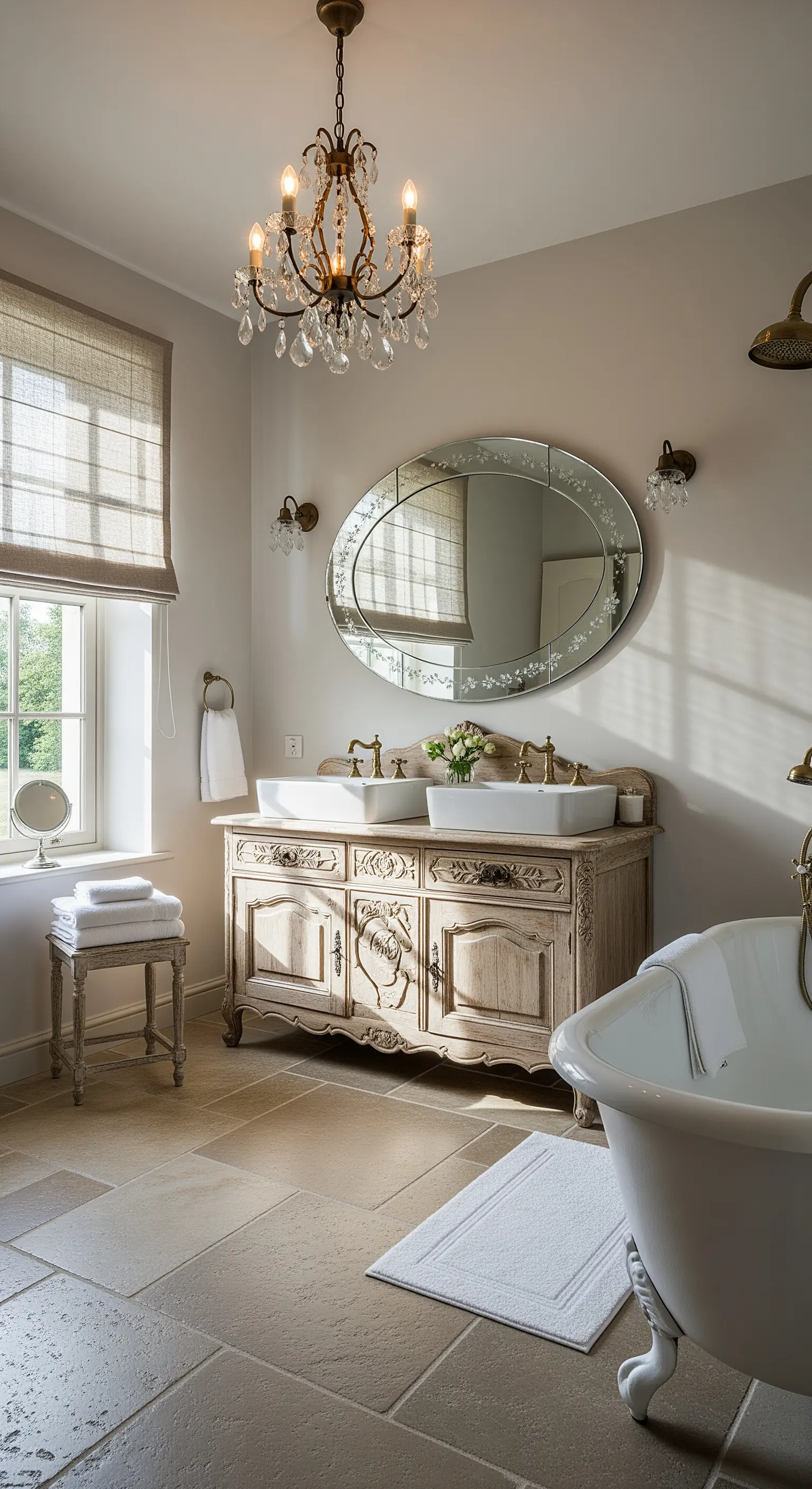 Helles Bad mit Natursteinboden, antikem Holzwaschtisch und Kristalllüster