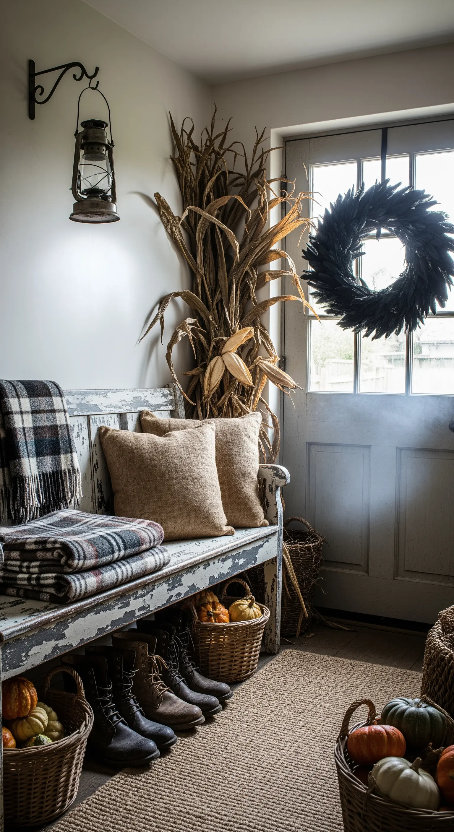 Eingangsbereich mit Maisstroh und dunklem Federkranz
