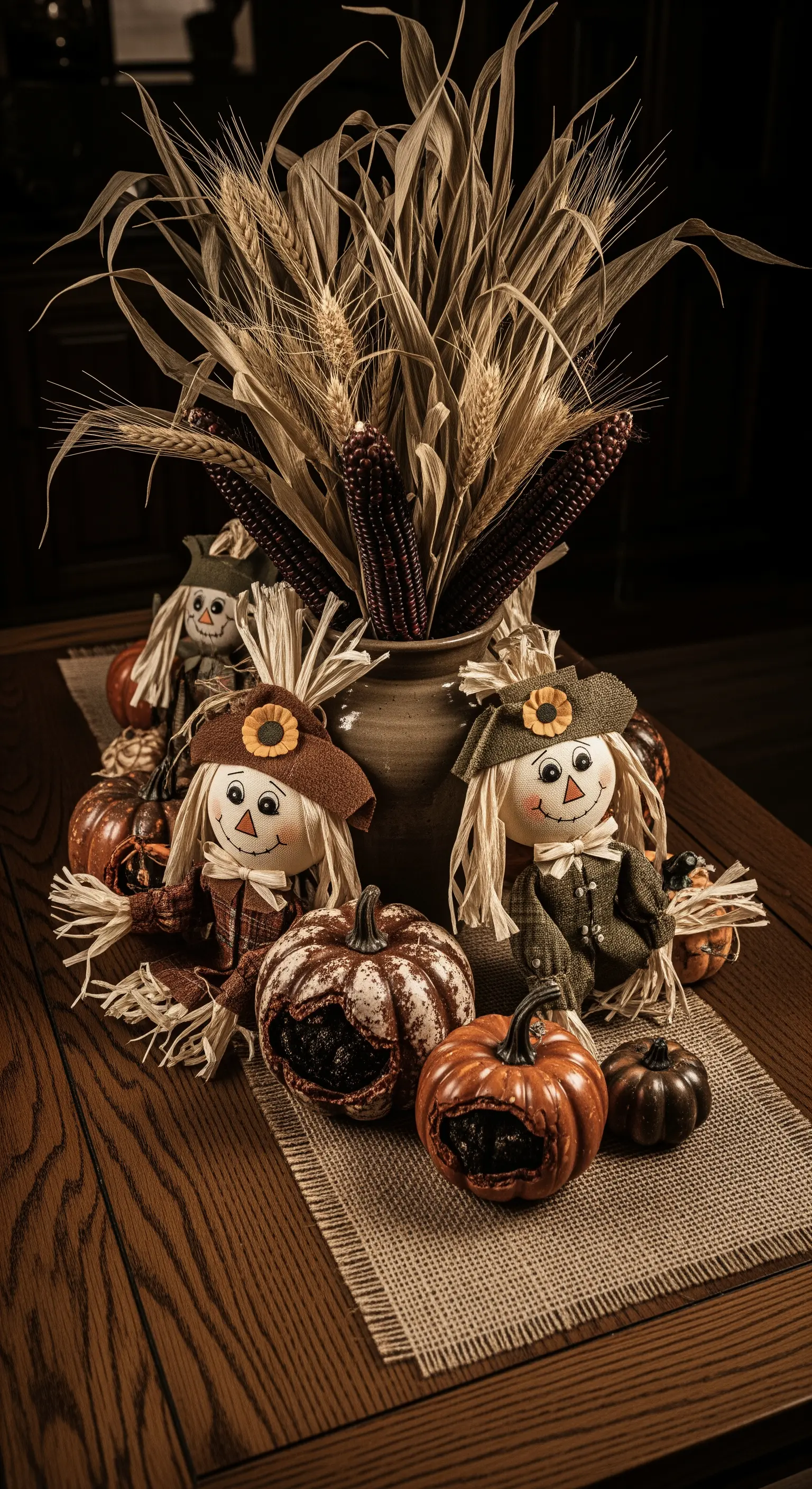 Vogelscheuchen-Figuren, Maiskolben und Kürbisse auf Jute