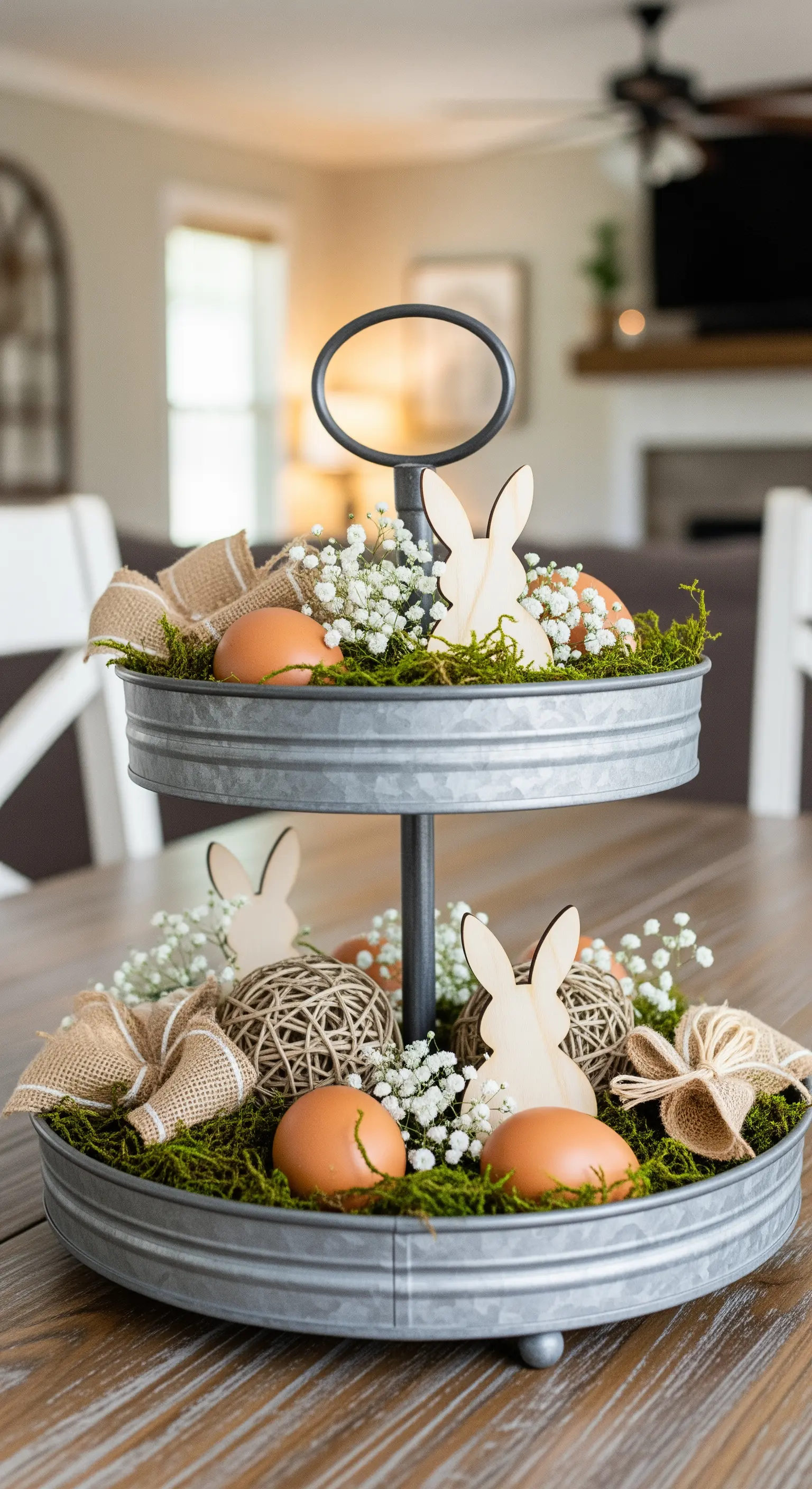 Zink-Etagere mit Moos, Jute und braunen Eiern