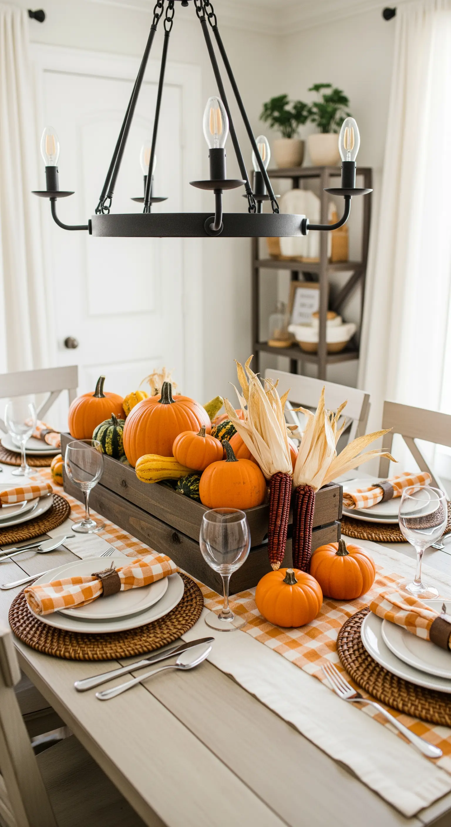 Holzkiste gefüllt mit Kürbissen und Mais als Tischmitte