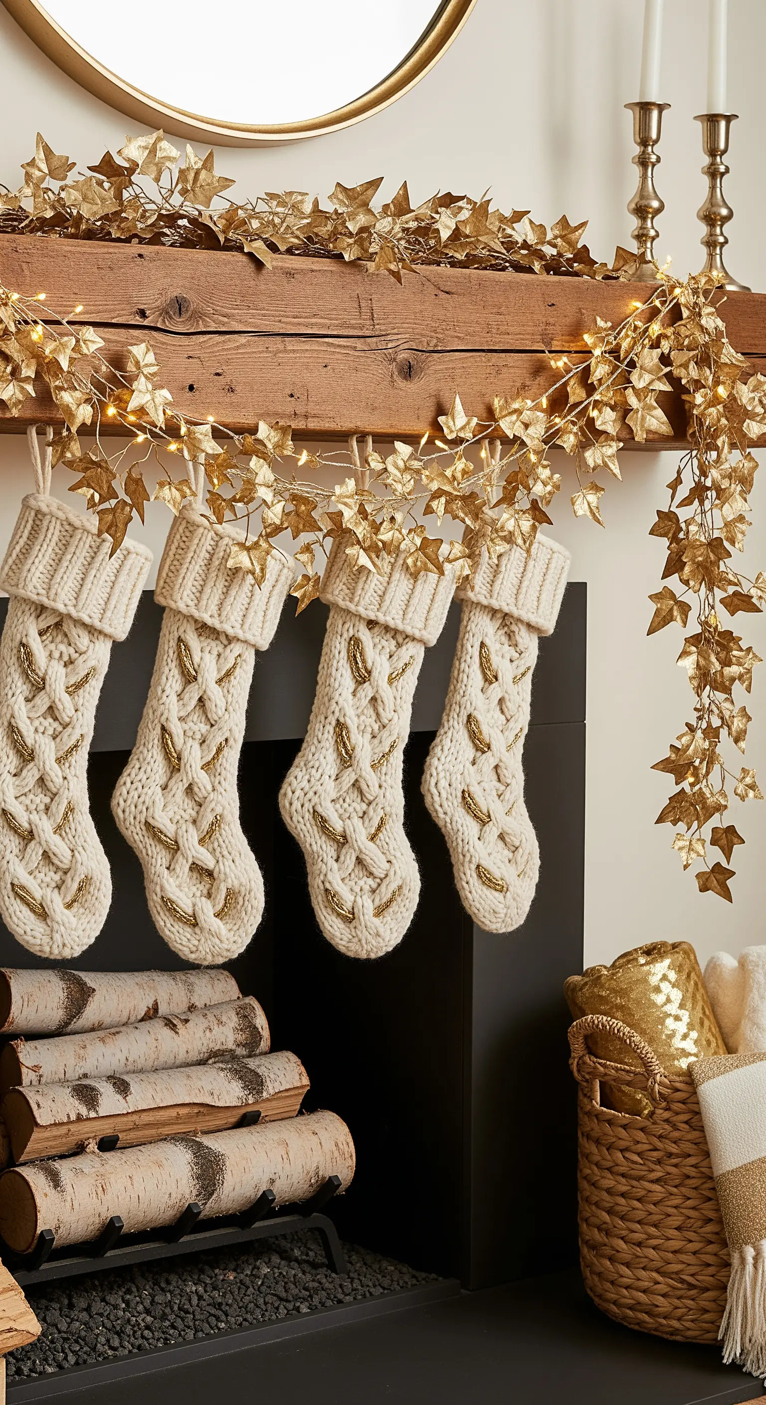 Rustikaler Holzbalken-Kamin mit goldener Efeu-Girlande und grob gestrickten Strümpfen.