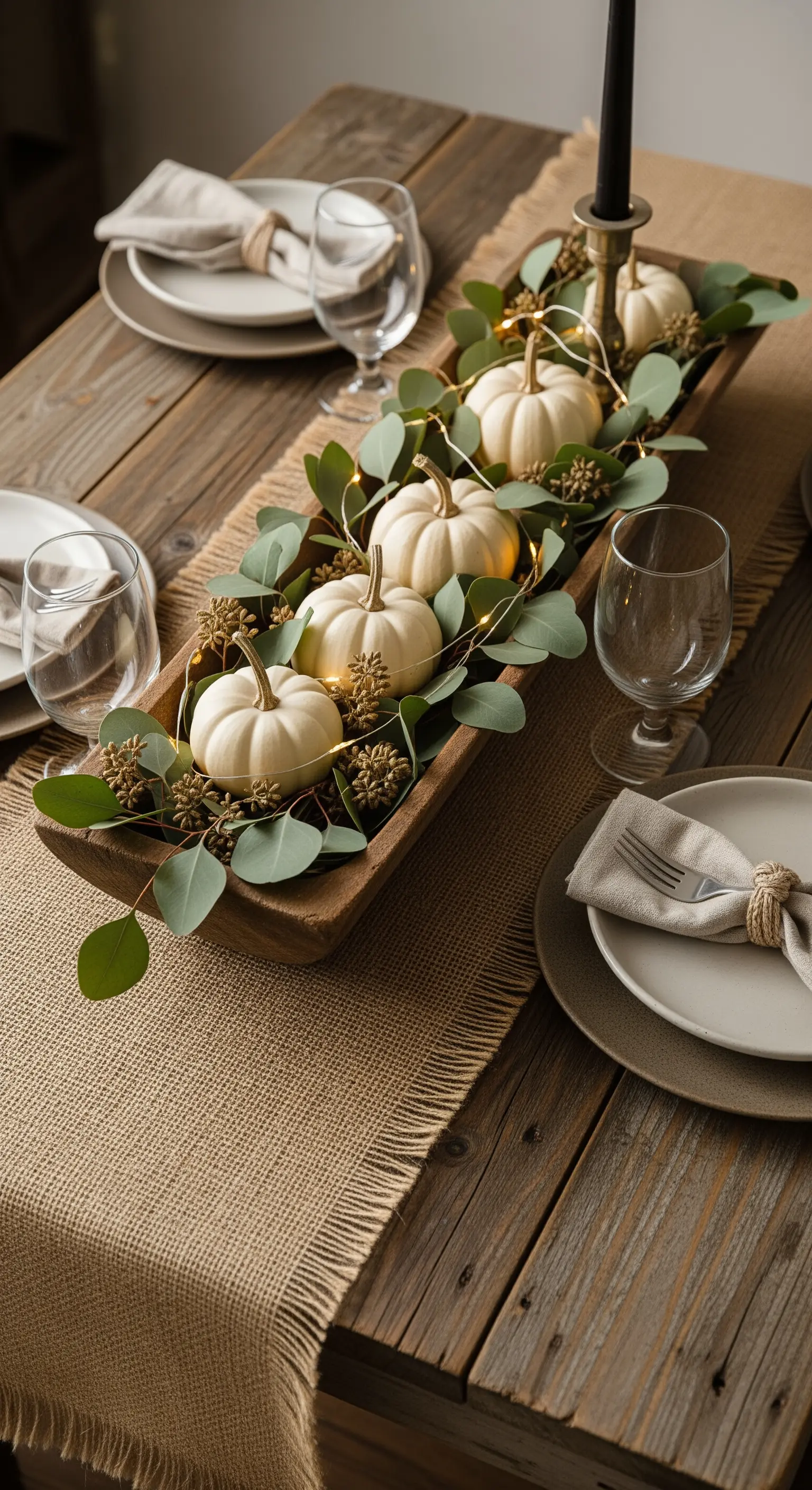 Holzschale mit weißen Kürbissen und Eukalyptus auf Jute-Läufer