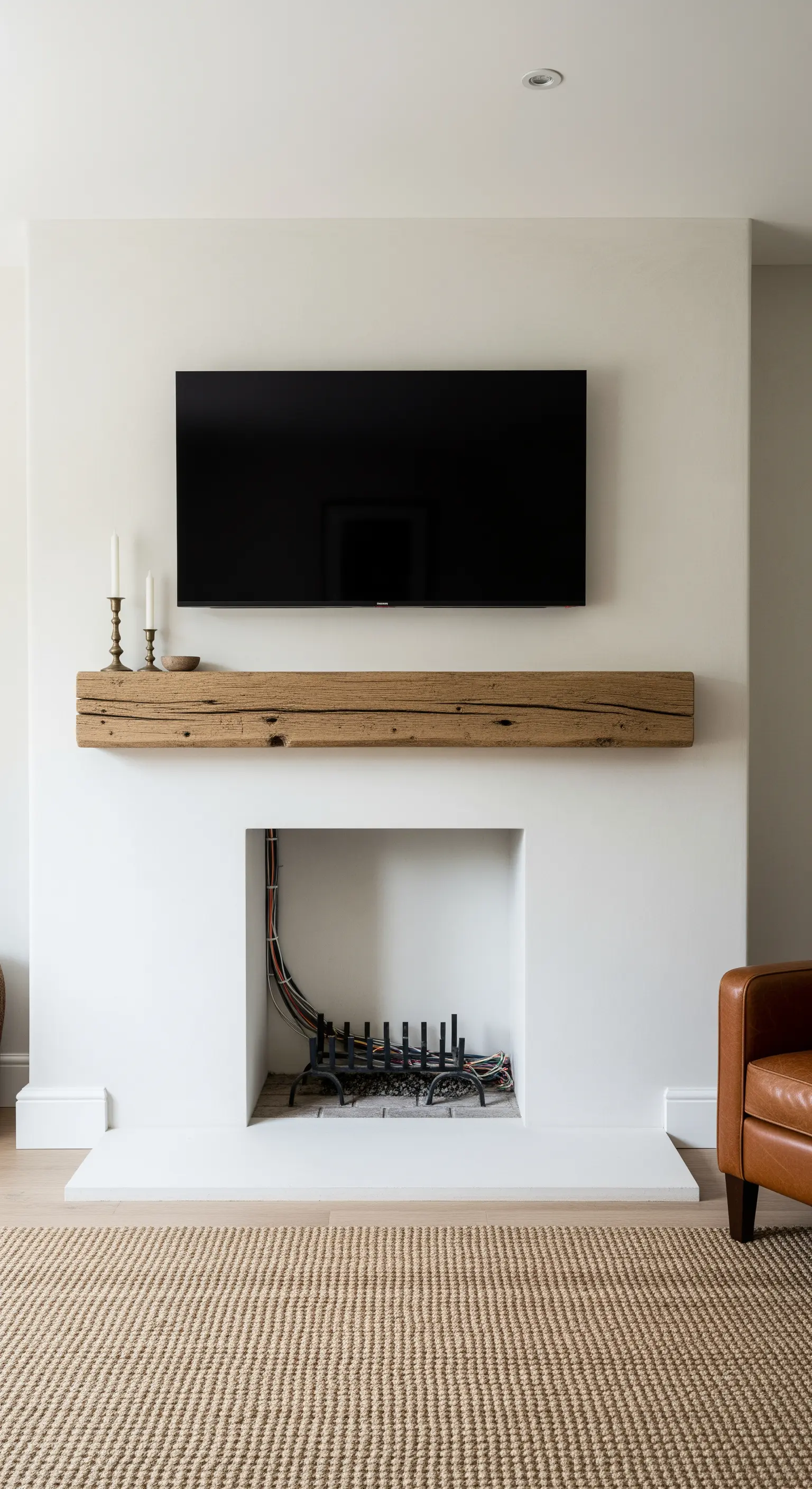 Massiver Holzbalken als TV-Konsole