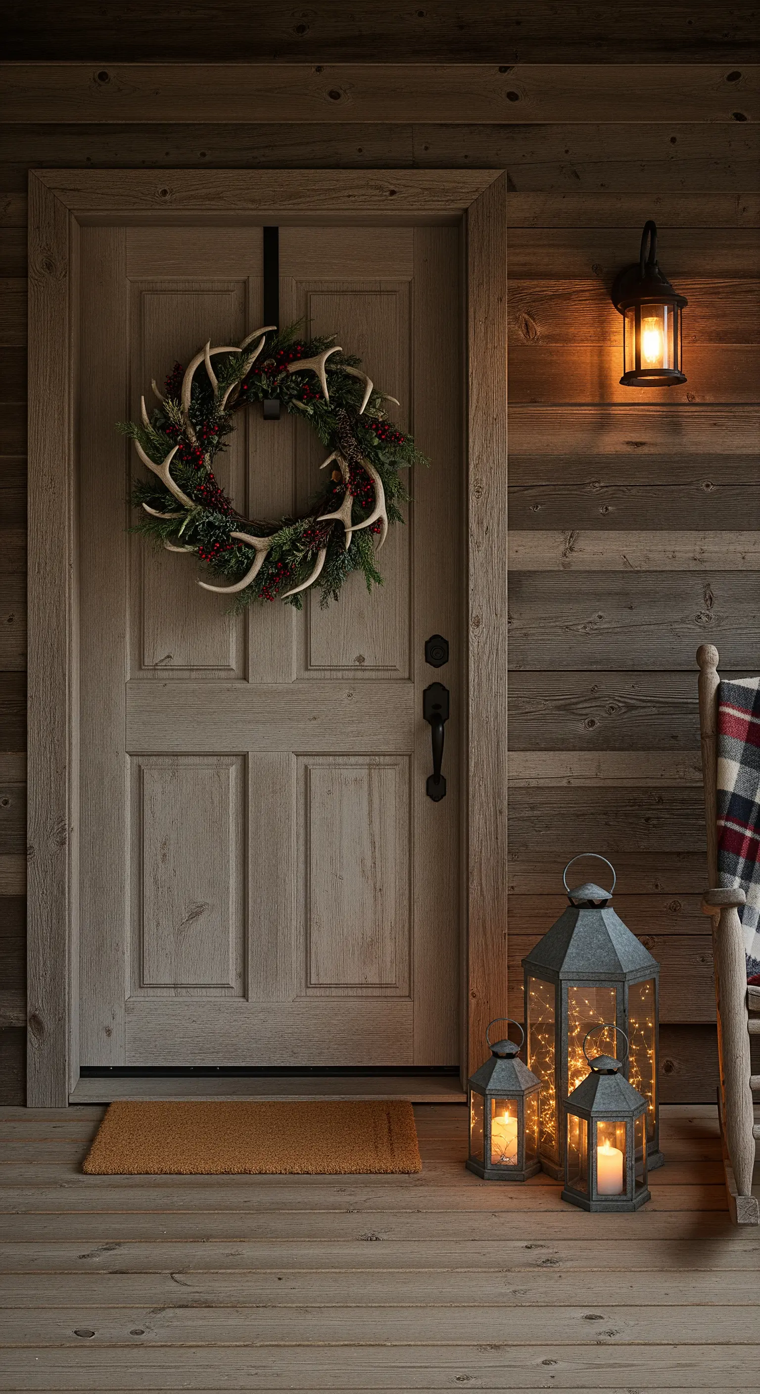 Holztür mit Geweih-Kranz und Laterne