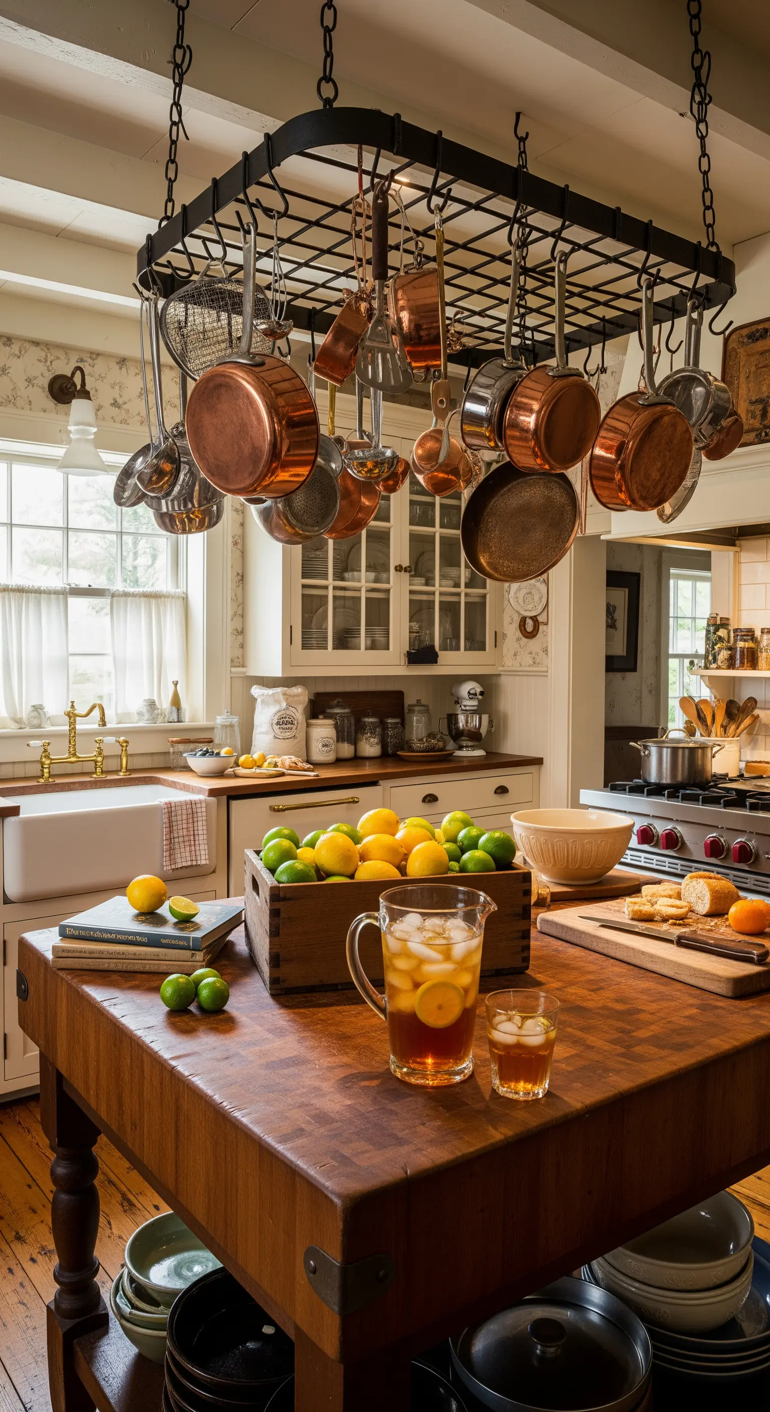 Kücheninsel aus Holz mit hängendem Topfregal und Zitrusfrüchten