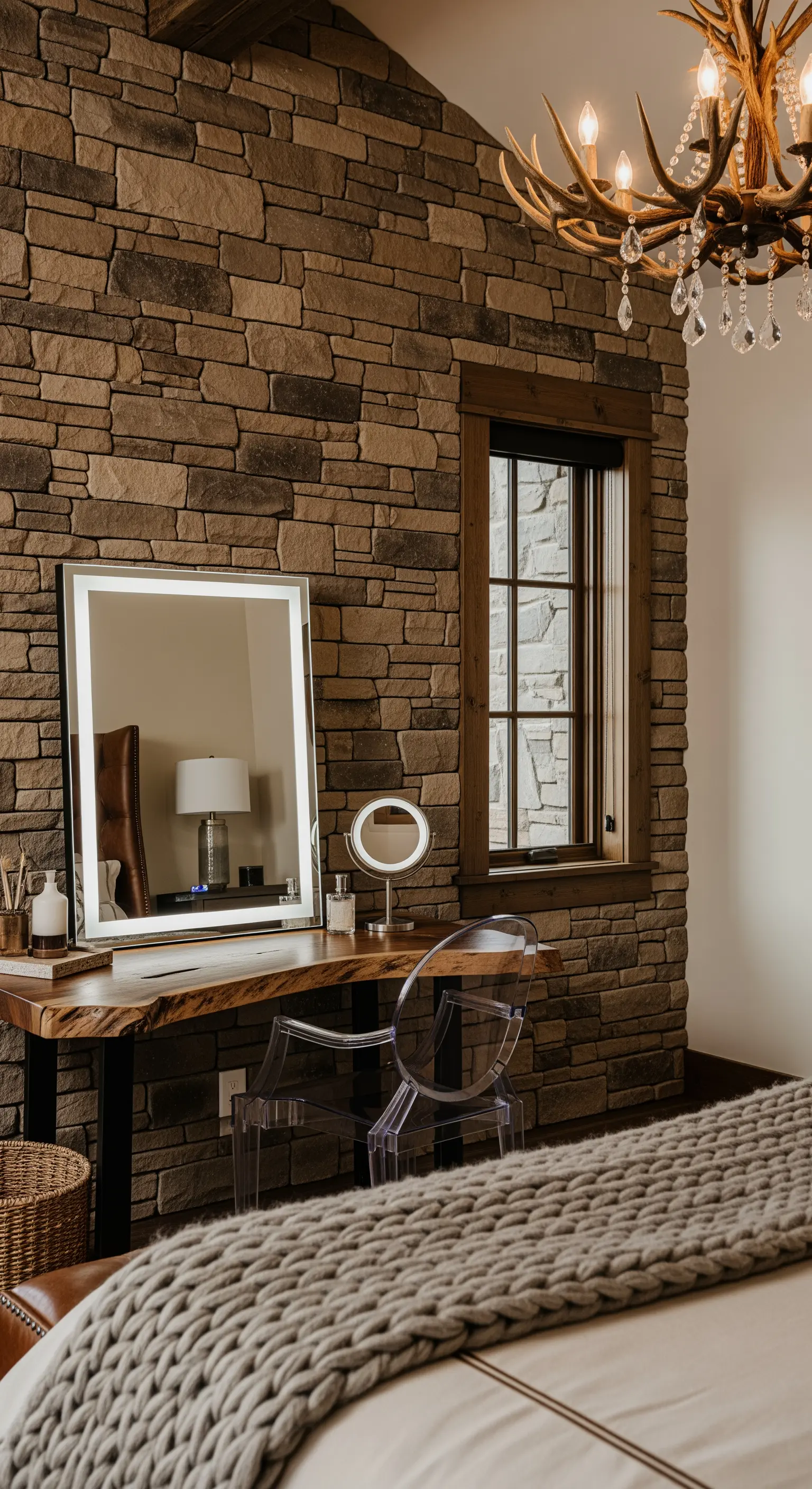 Naturholzplatte als Schminktisch vor Steinwand