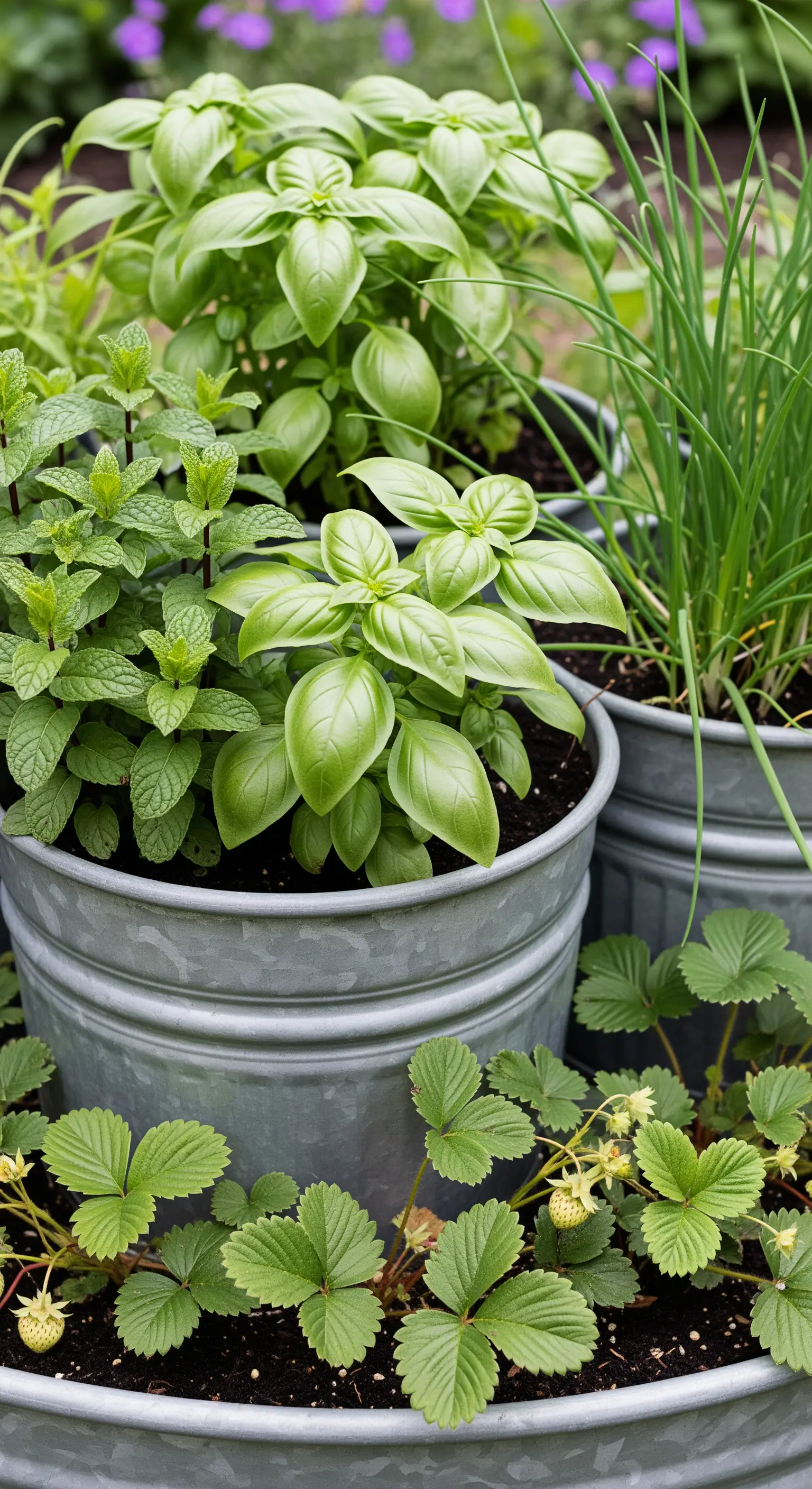 Sammlung von Zinkwannen und Eimern bepflanzt mit verschiedenen Kräutern
