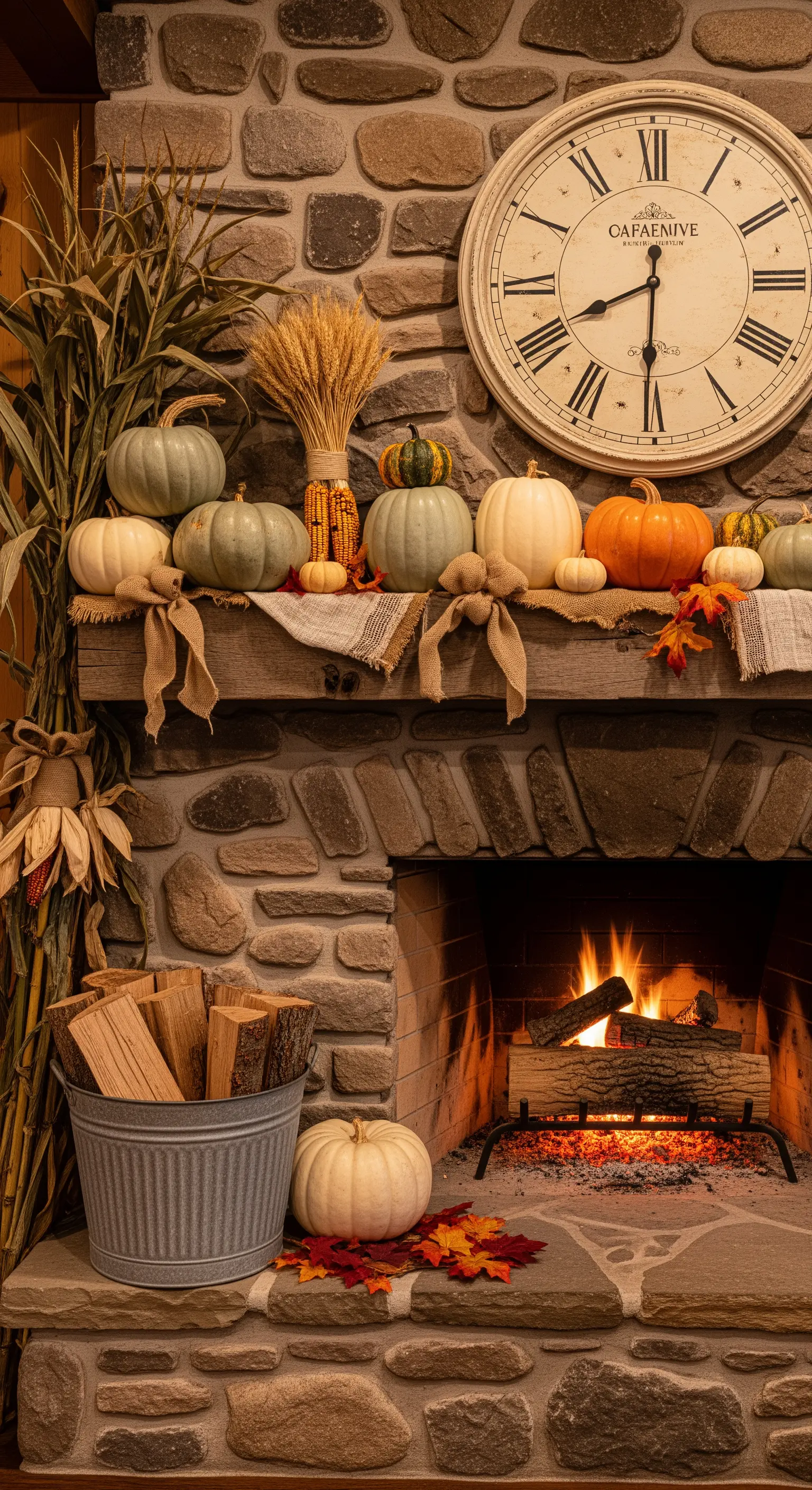 Stein-Kamin mit Maisbündeln, Uhr und Kürbissen im Landhausstil