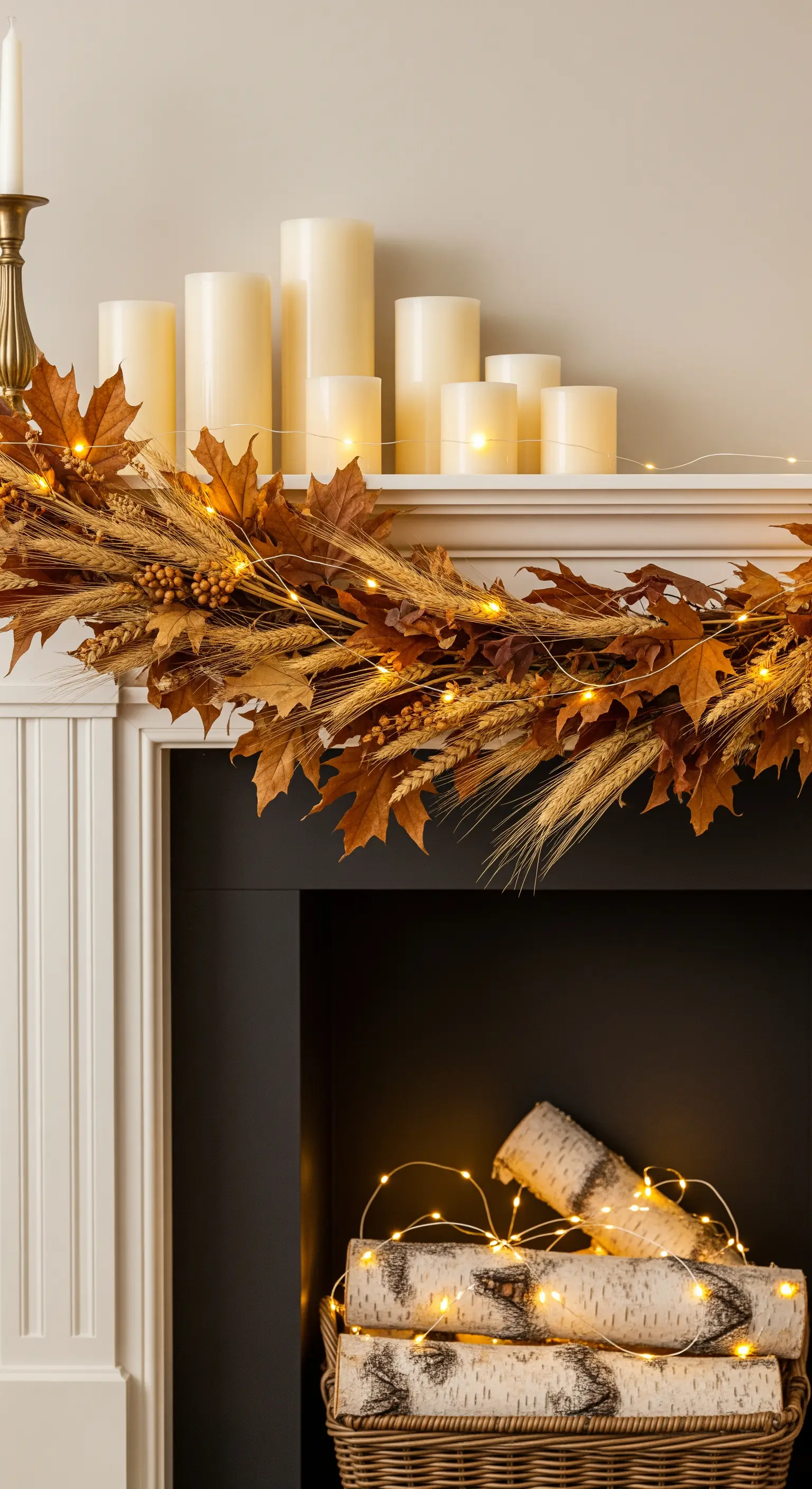 Kaminumrandung mit Weizenkranz, Lichterkette, Kerzen und Birkenholz im Kamin