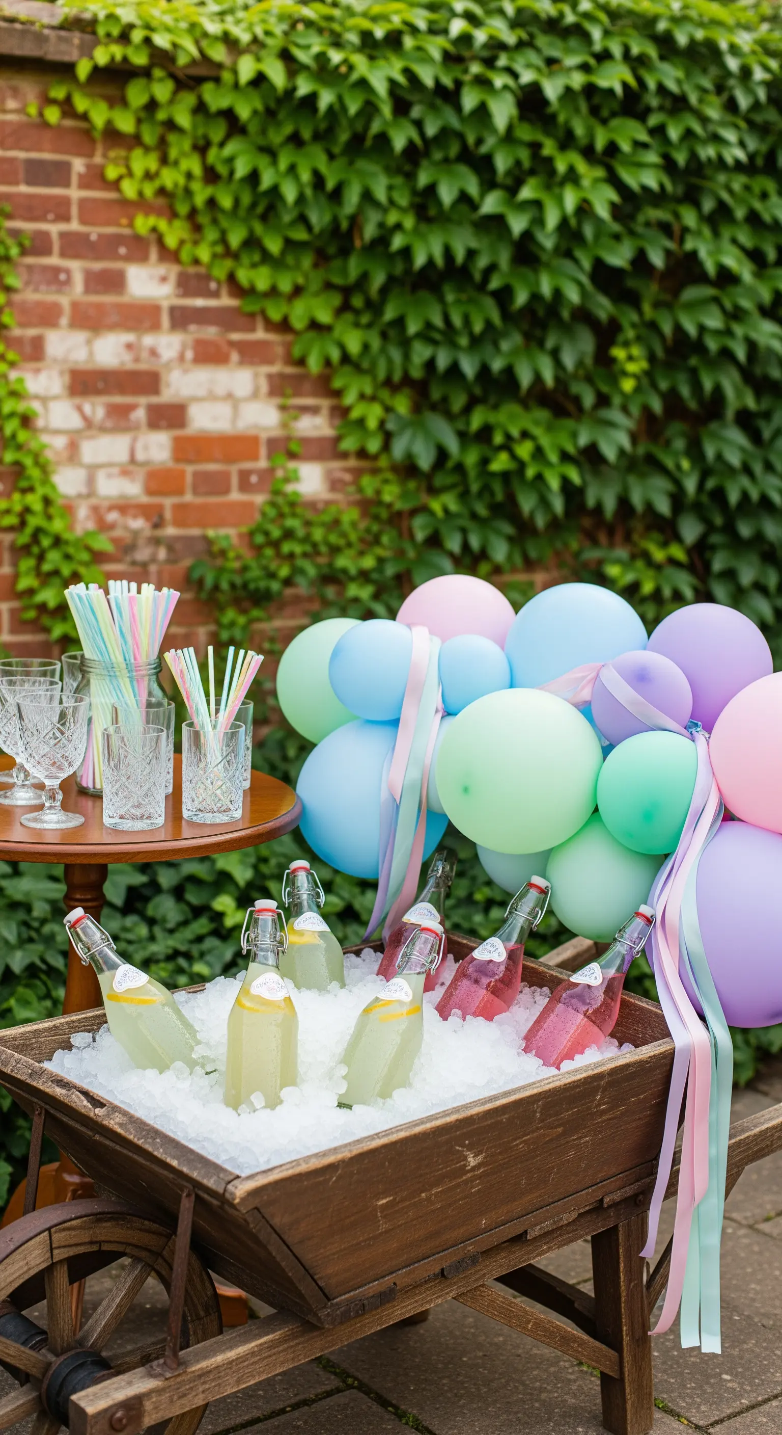 Holzschubkarre gefüllt mit Eis und Getränken, dekoriert mit Ballons