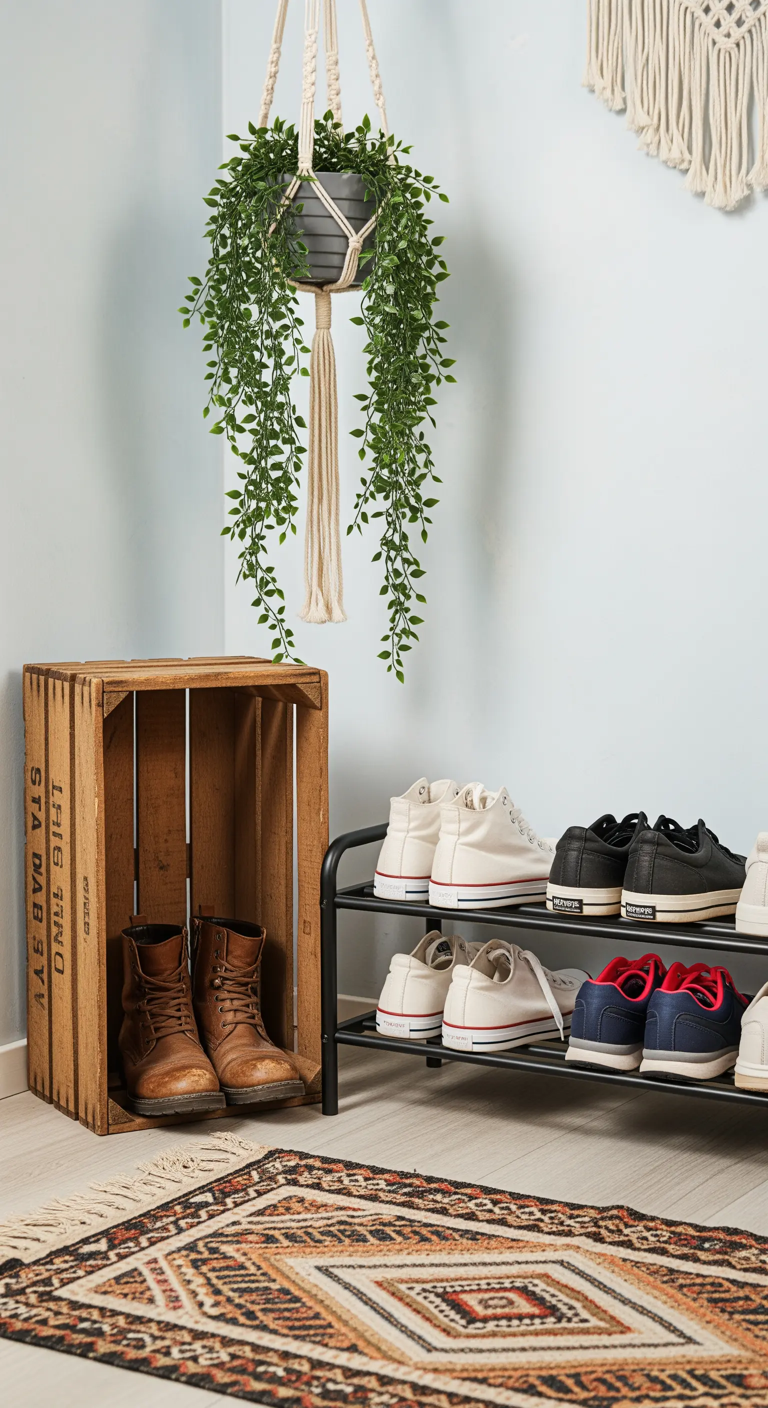 Holzkisten als Schuhregal mit Makramee-Pflanze