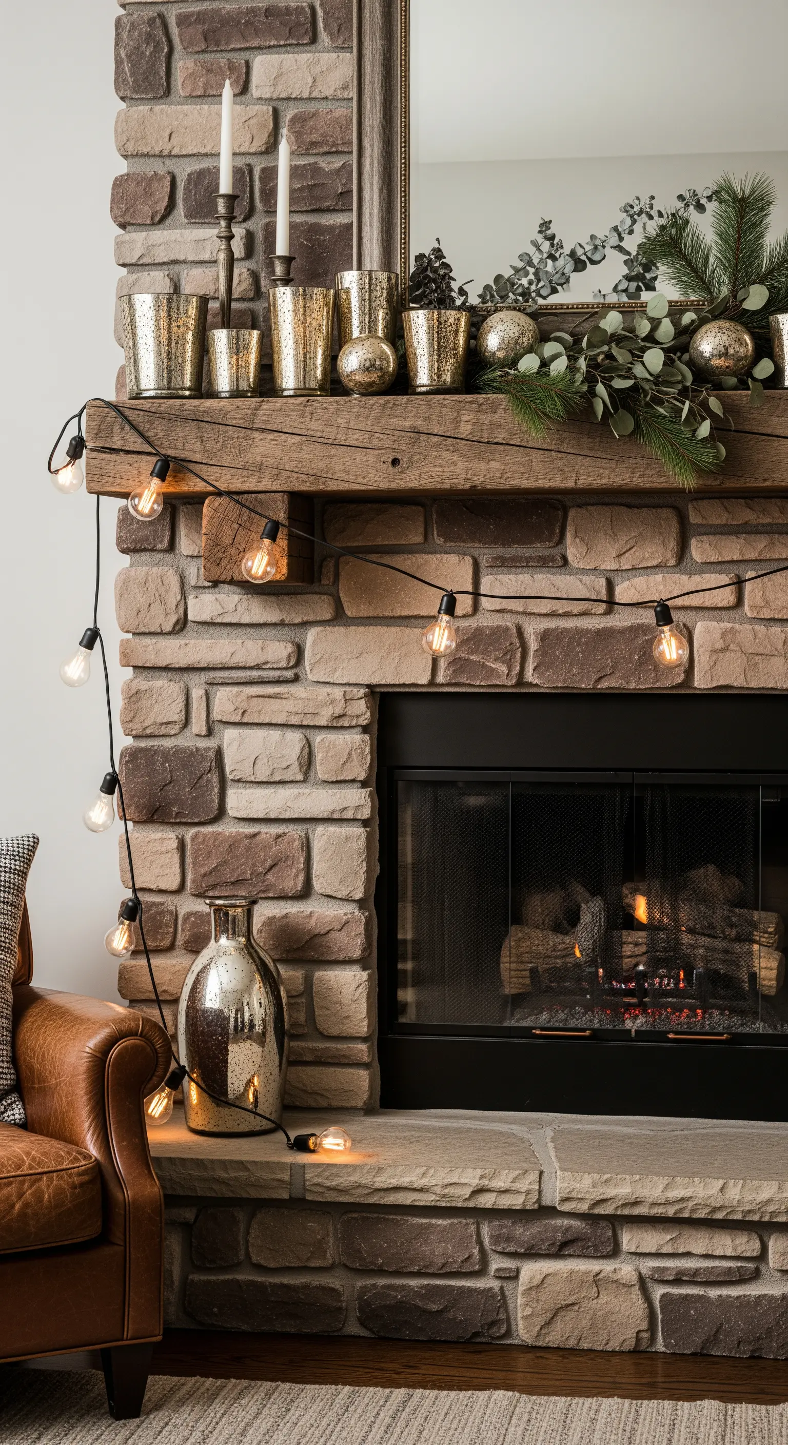 Rustikaler Kamin mit Bistro-Lichterkette und Bauernsilber