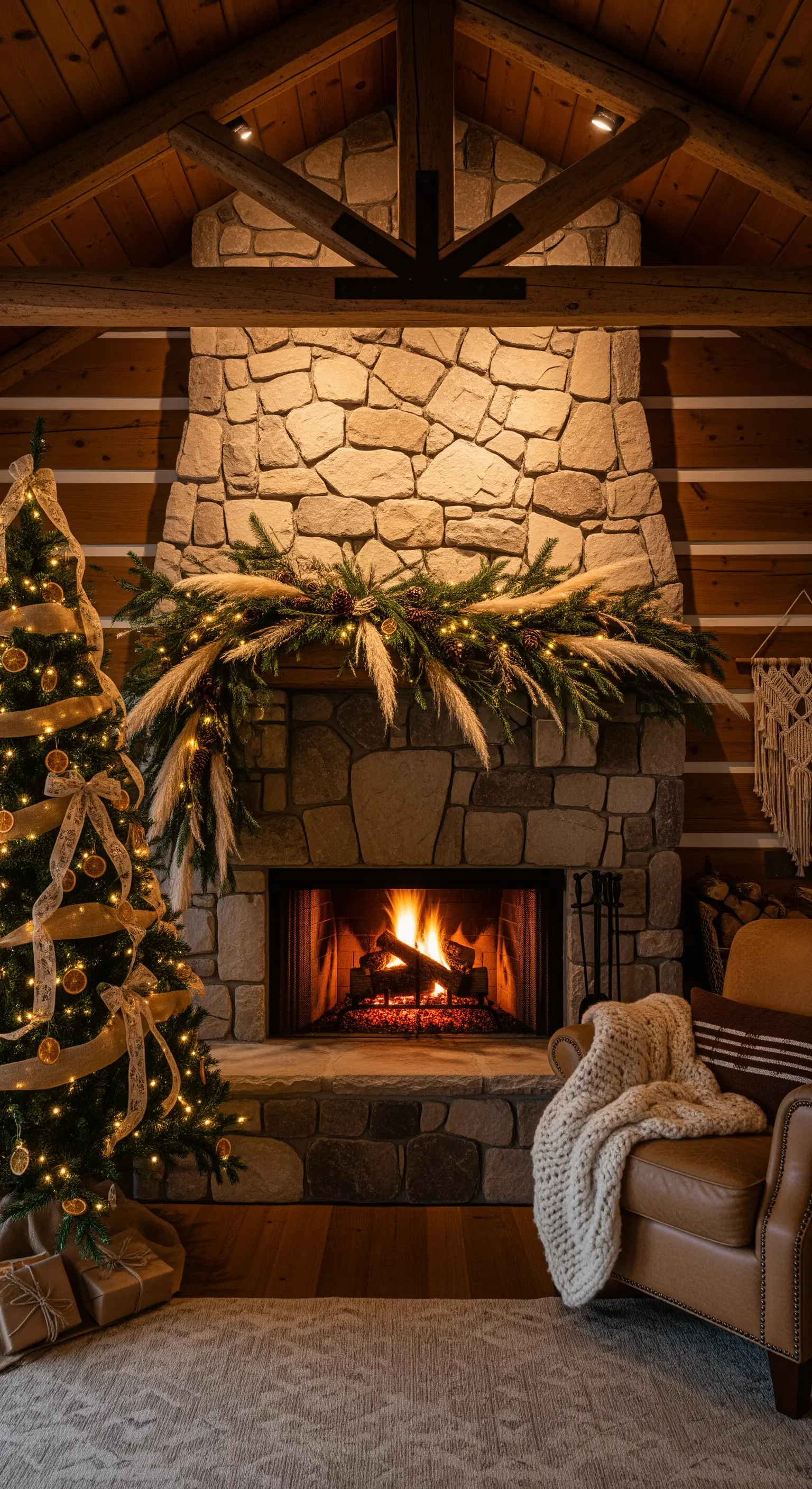 Steinkamin mit üppiger Girlande aus Grün und Pampasgras