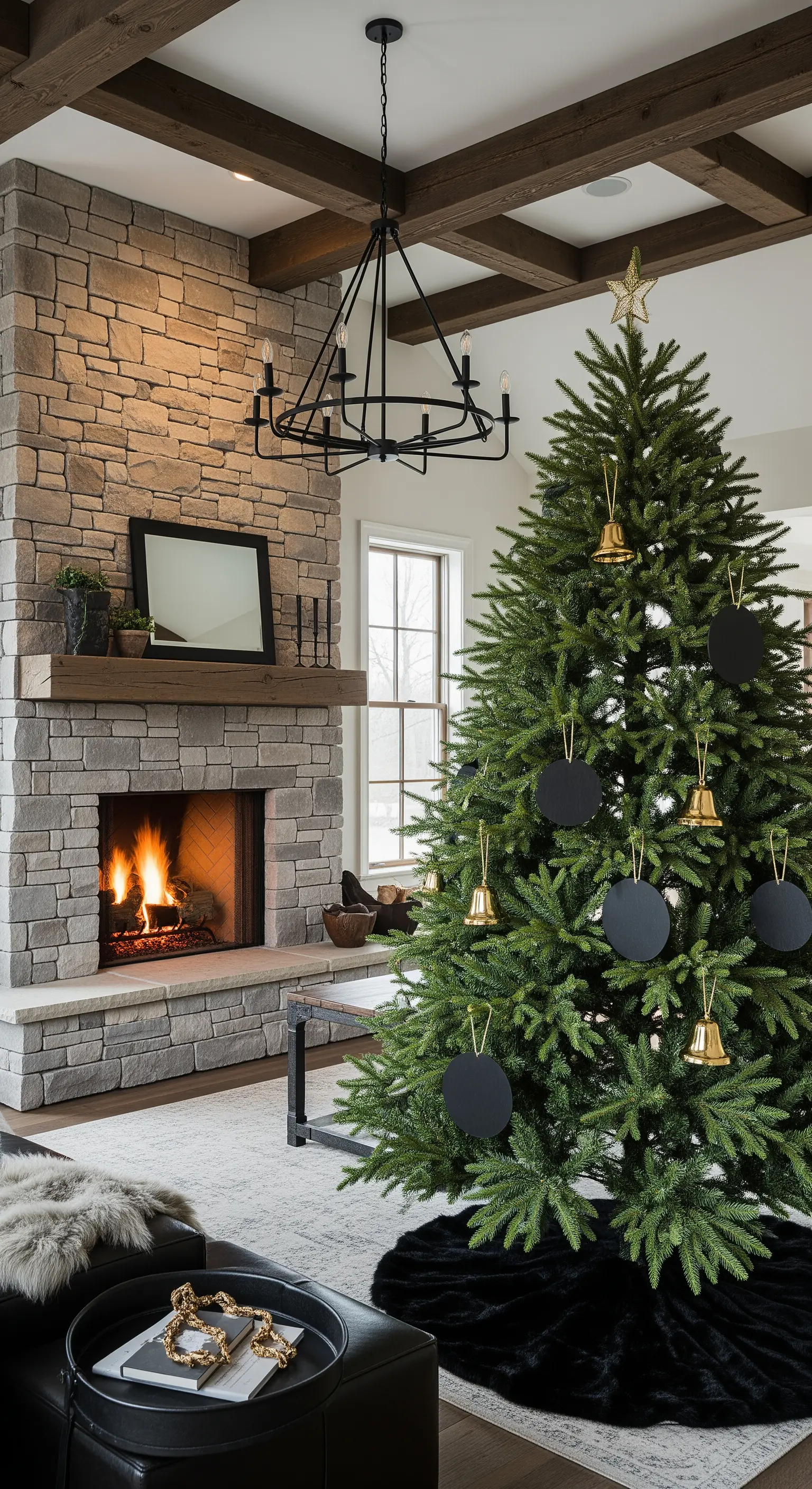 Weihnachtsbaum vor Steinkamin mit schwarzen flachen Anhängern