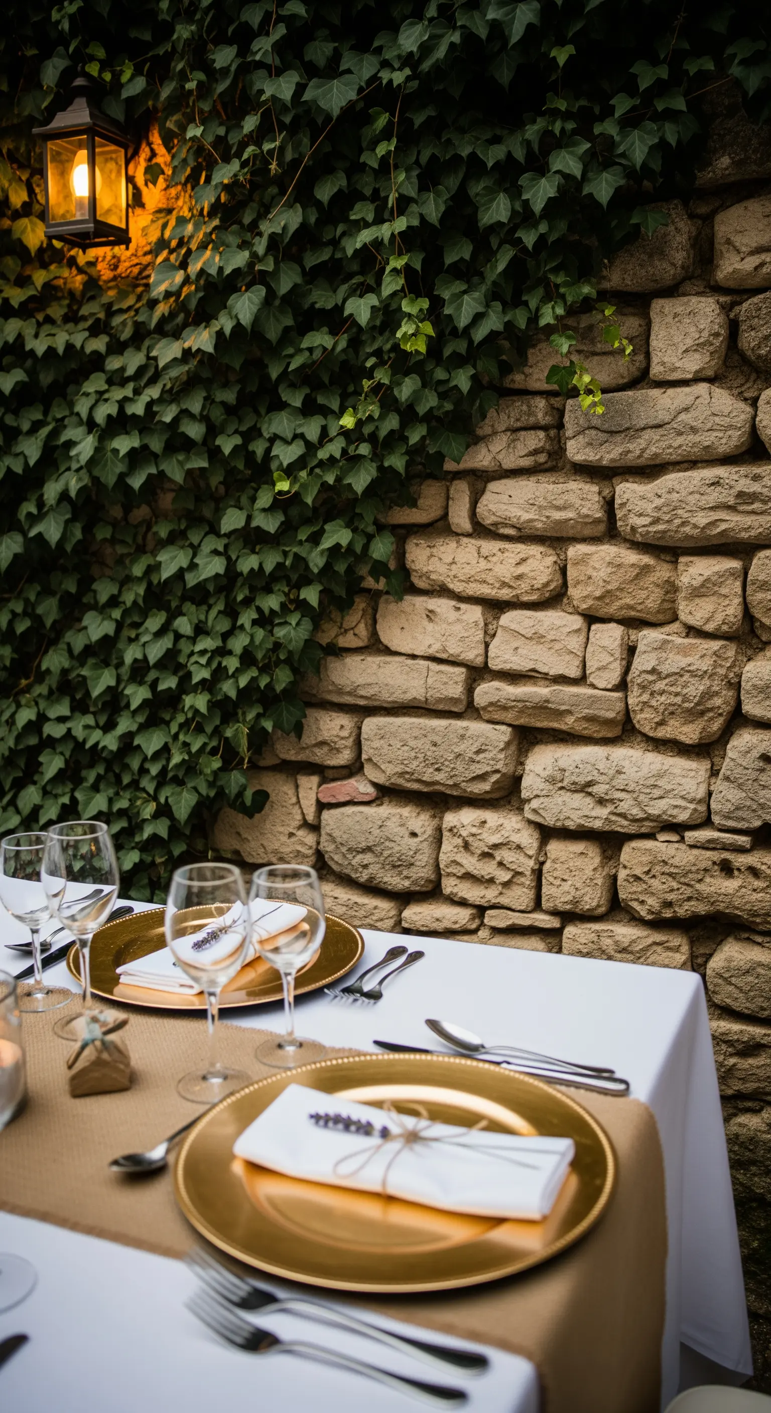 Elegant gedeckter Tisch vor alter Steinmauer mit Efeu