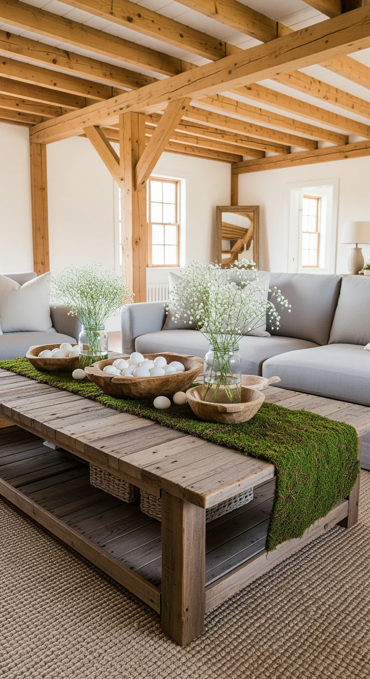 Holztisch mit Moos-Läufer und weißen Eiern