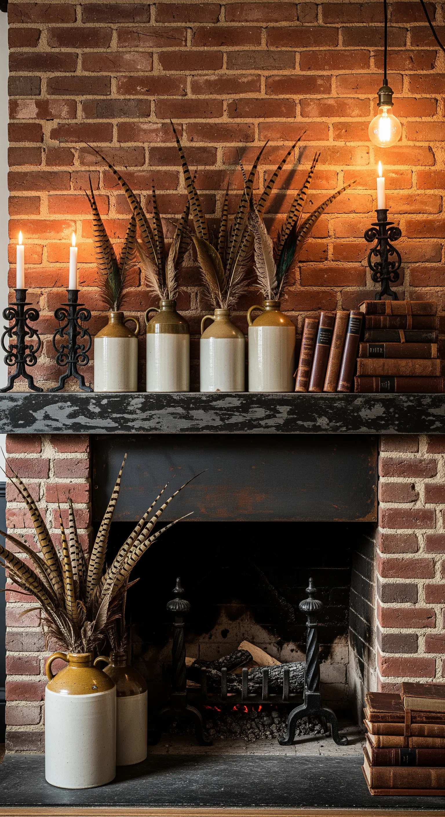 Backsteinkamin mit antiken Töpfen, Federn und Kerzenhalter