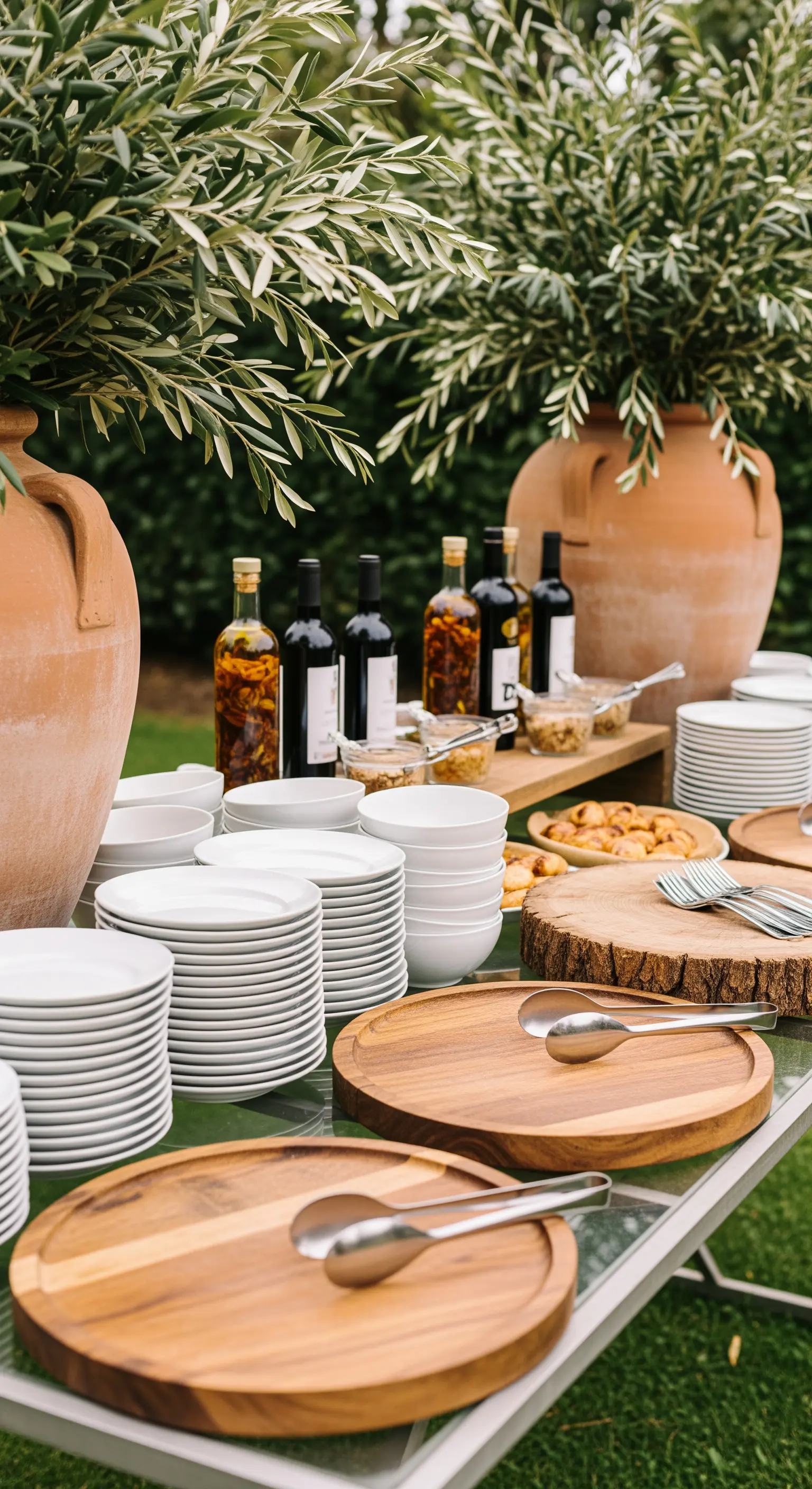 Buffet-Aufbau mit Tellerstapeln, Holzbrettern und großen Tonkrügen
