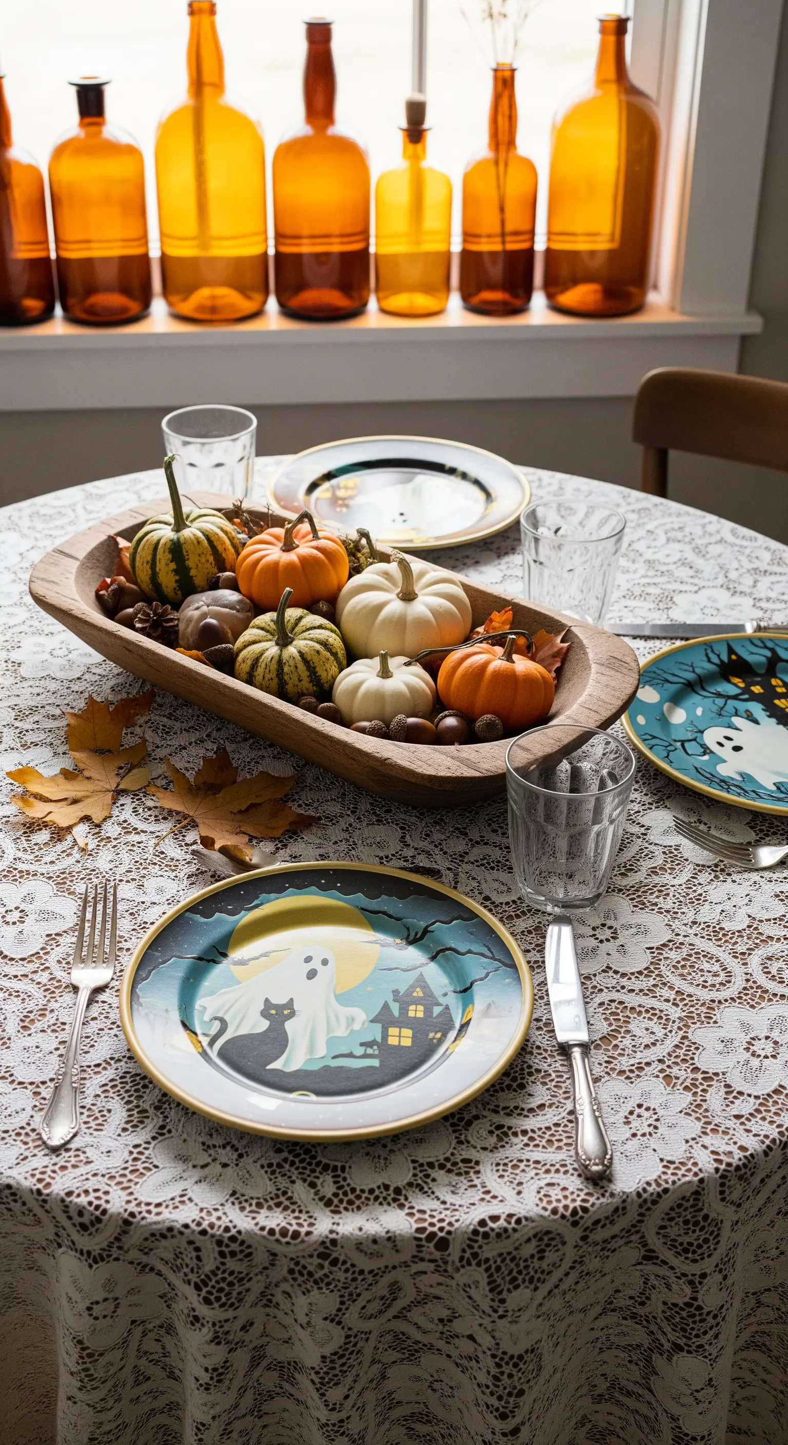 Holzschale mit Kürbissen auf Spitzentischdecke