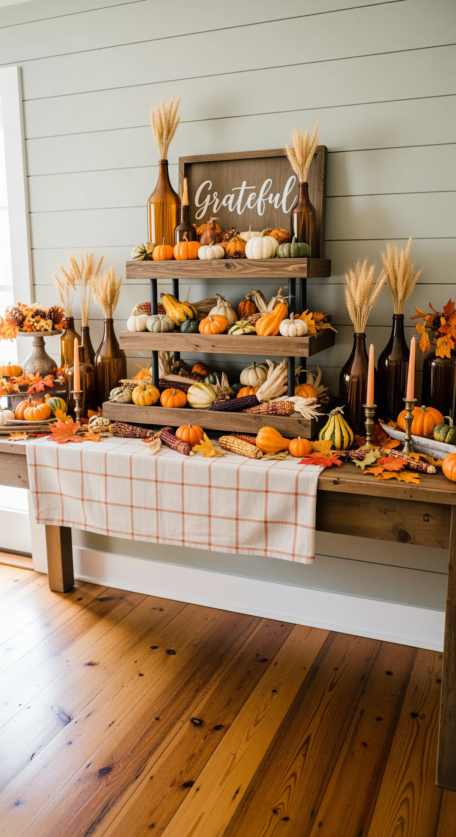 Holzregal-Aufbau mit Weizen, Kürbissen, Maiskolben und braunen Flaschen
