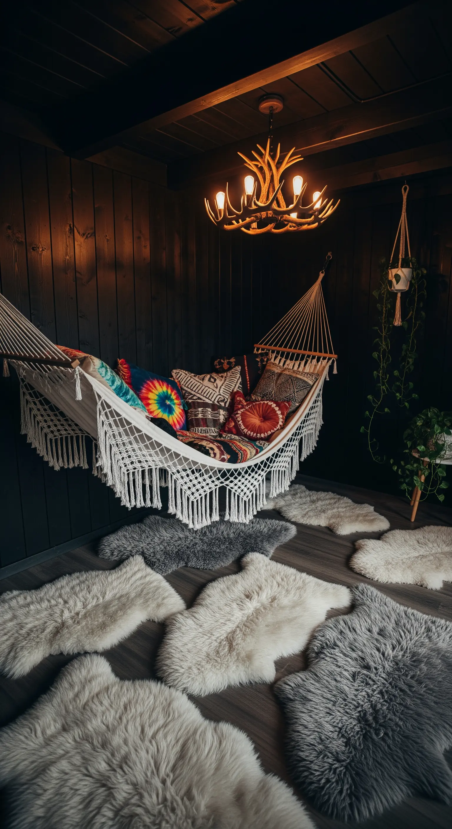 Schwarzes holzverkleidetes Zimmer mit Hängematte und Geweihlampe