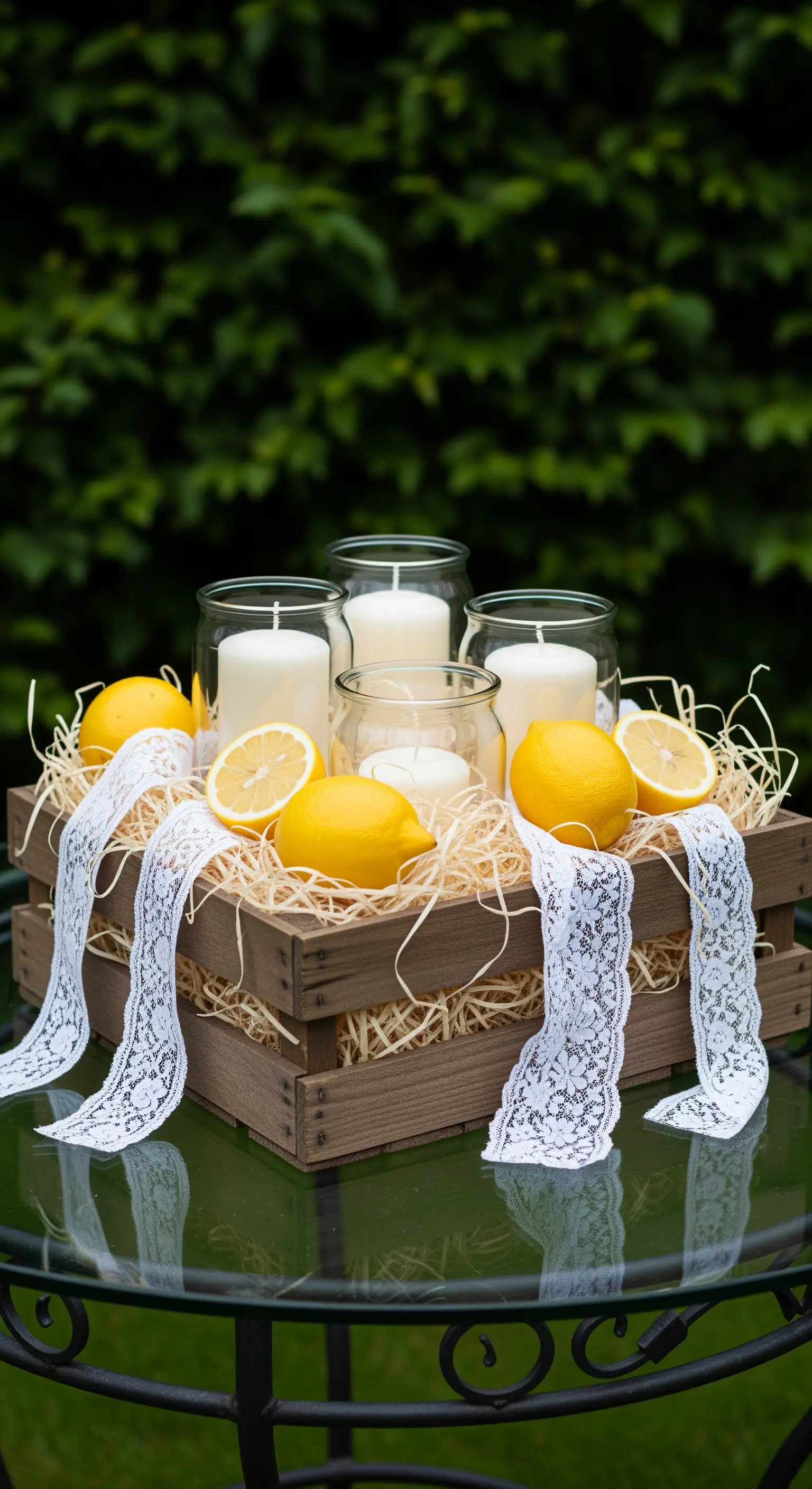 Holzkiste mit Stroh, Zitronen und herausquellender Spitze