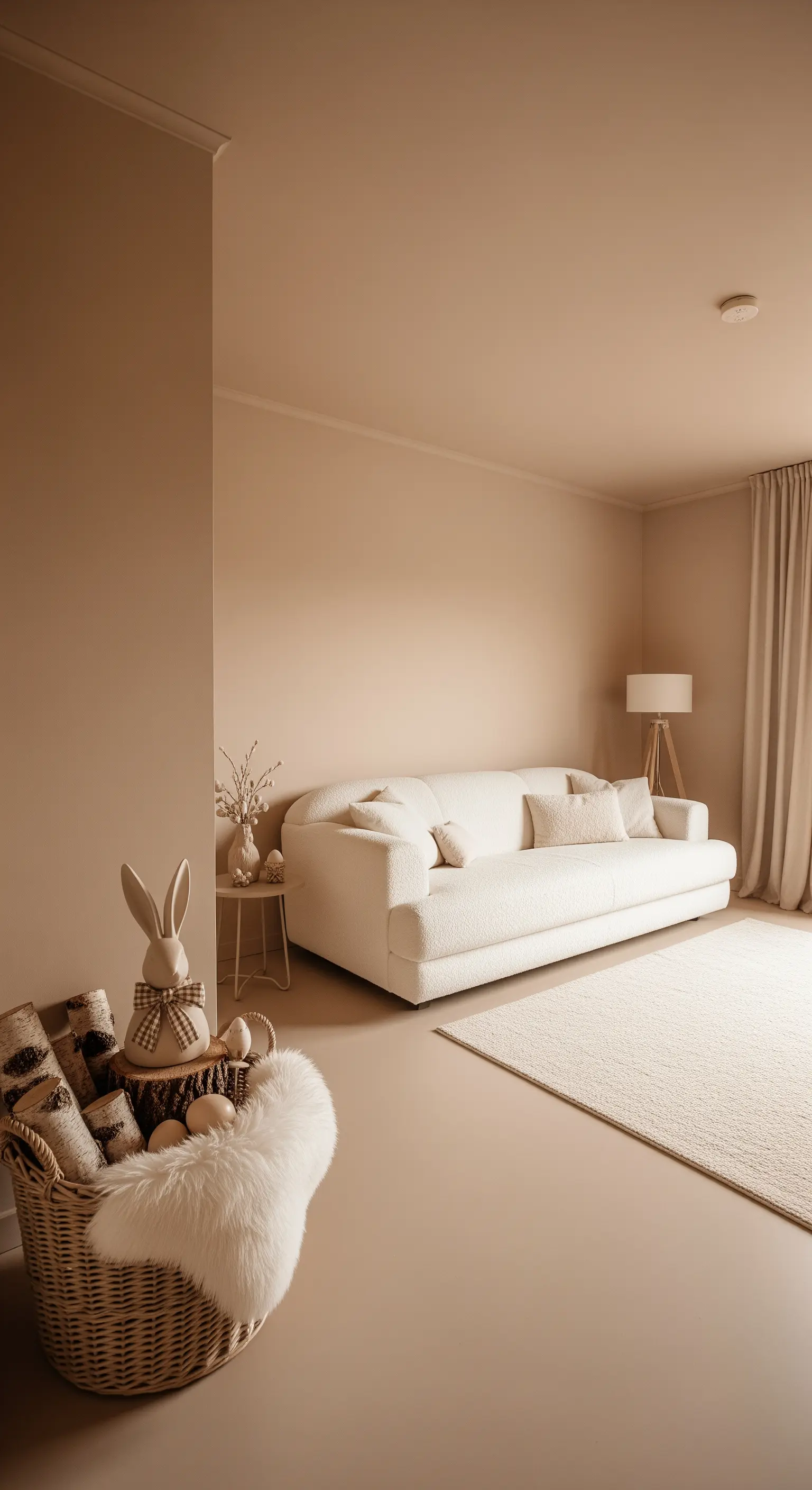 Korb mit Holzscheiten, Fell und Deko-Hase