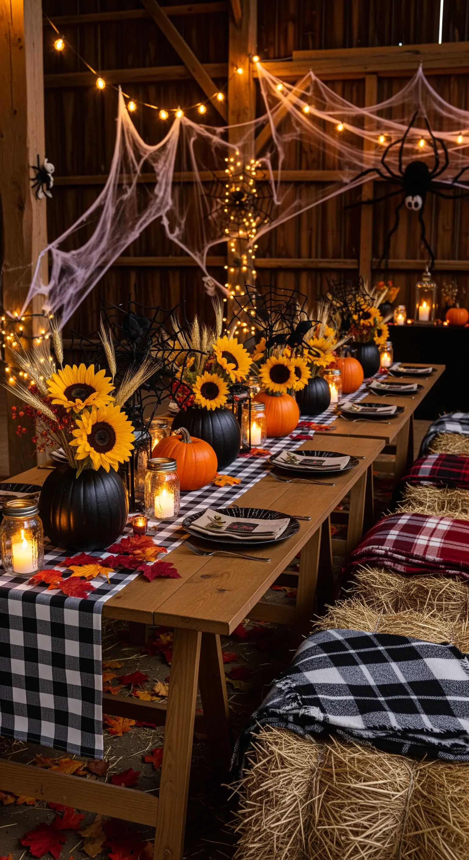 Sonnenblumen, schwarze Kürbisse und Karo-Läufer auf Holztisch
