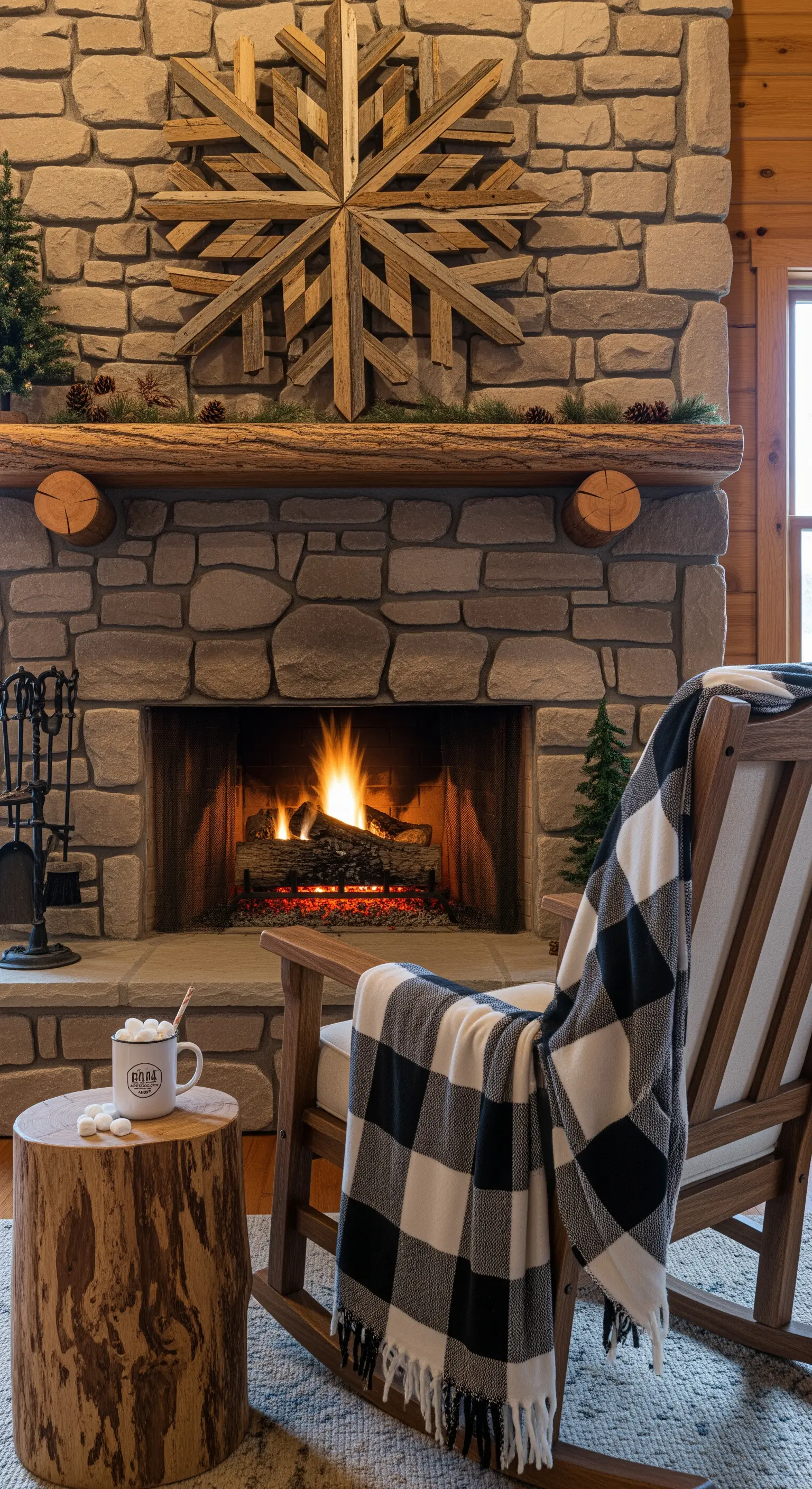 Steinkamin mit großem Holz-Schneeflockenstern und Schaukelstuhl