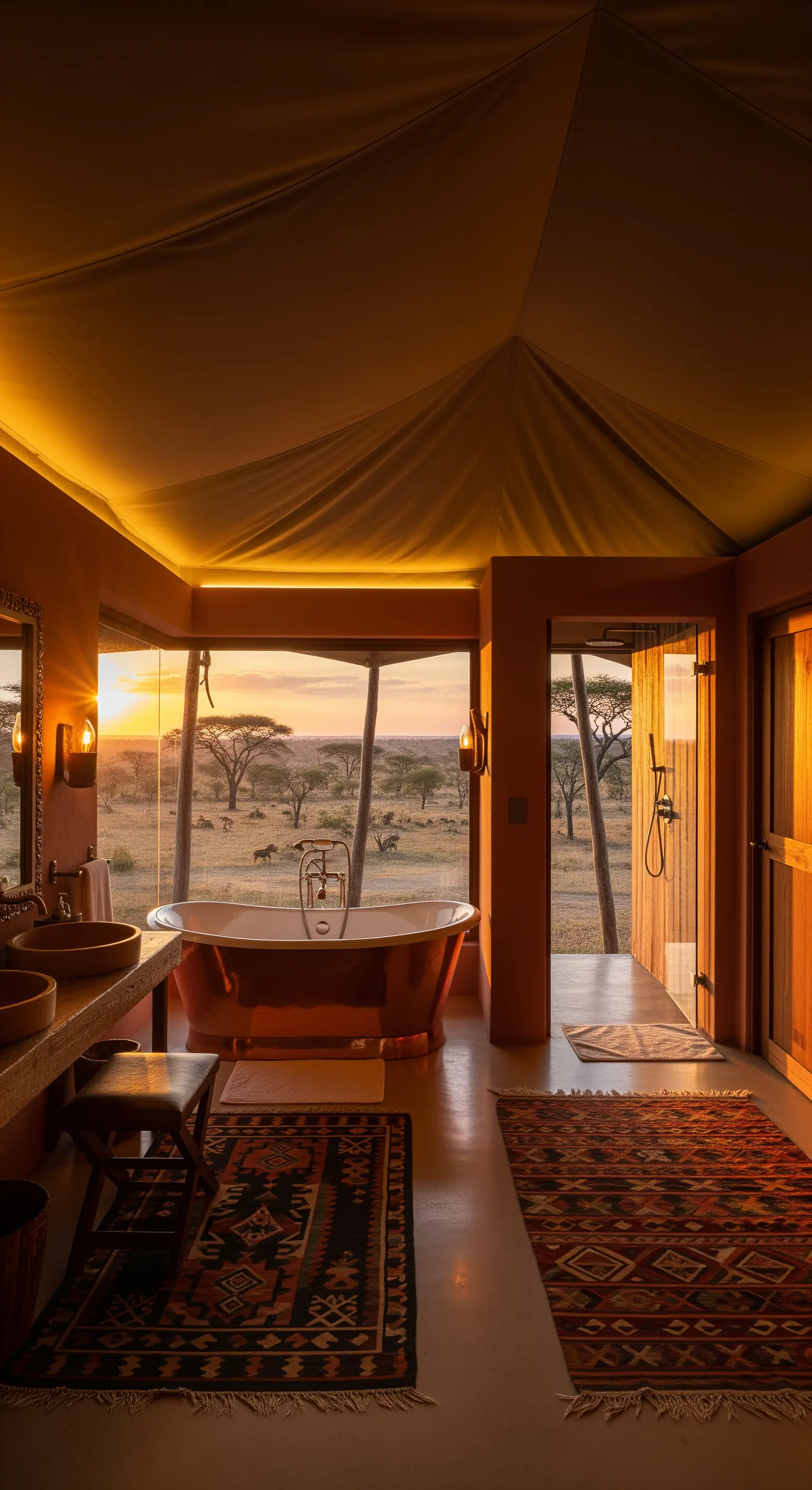 Safari-Stil Bad mit Zeltdecke, Teppichen und Blick in die Savanne