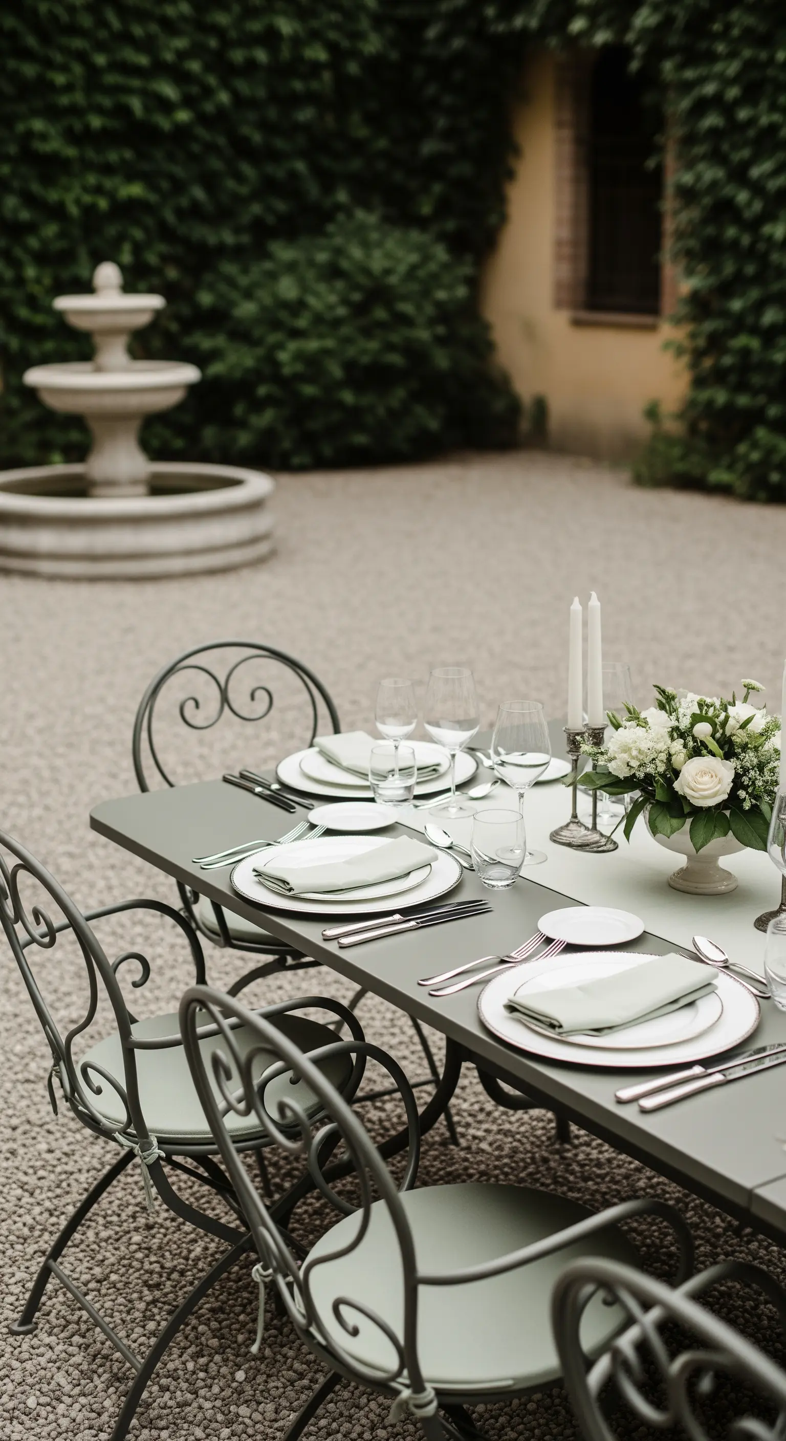 Grauer Tisch mit weiß-grünem Blumenarrangement