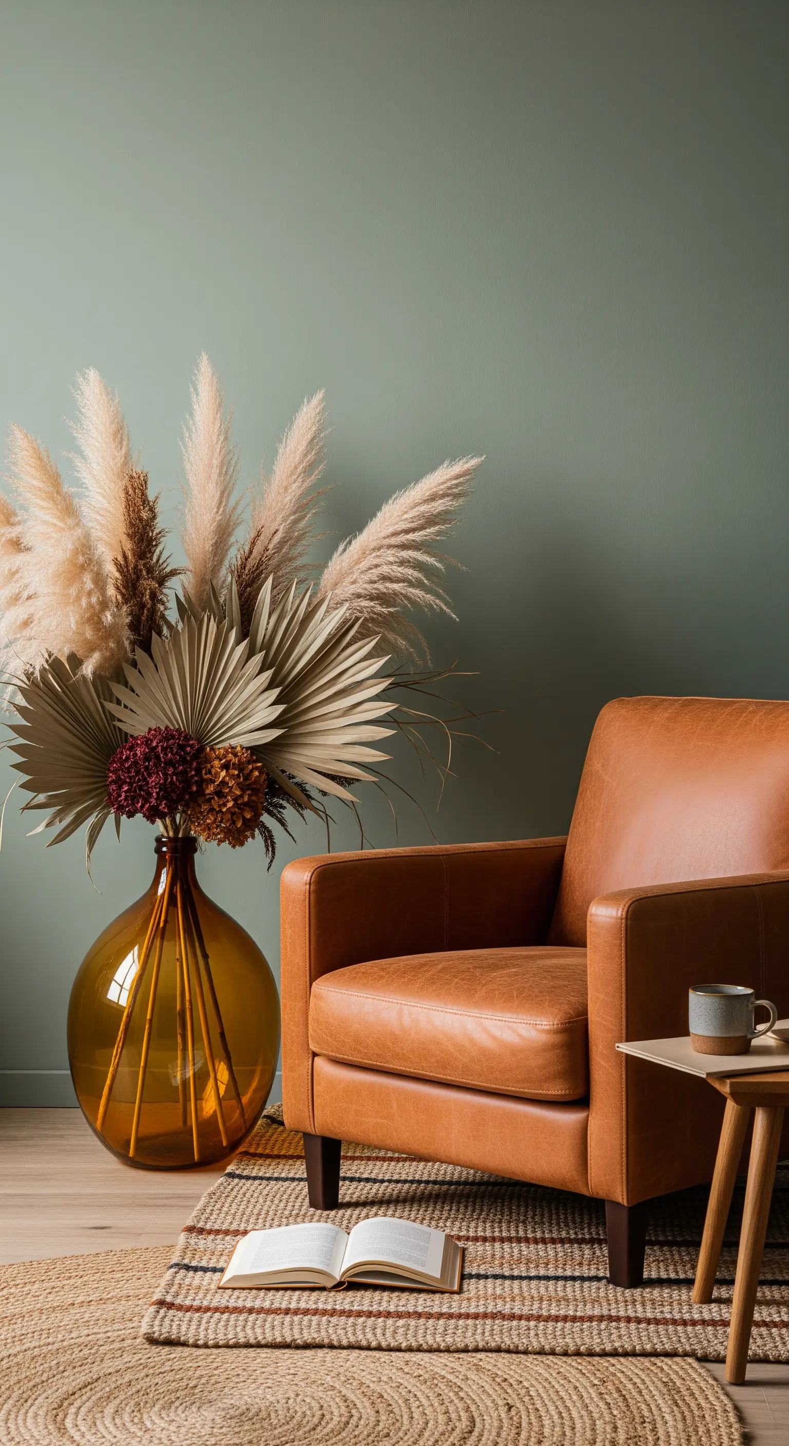 Grüne Wand mit Glasvase und Trockenblumen