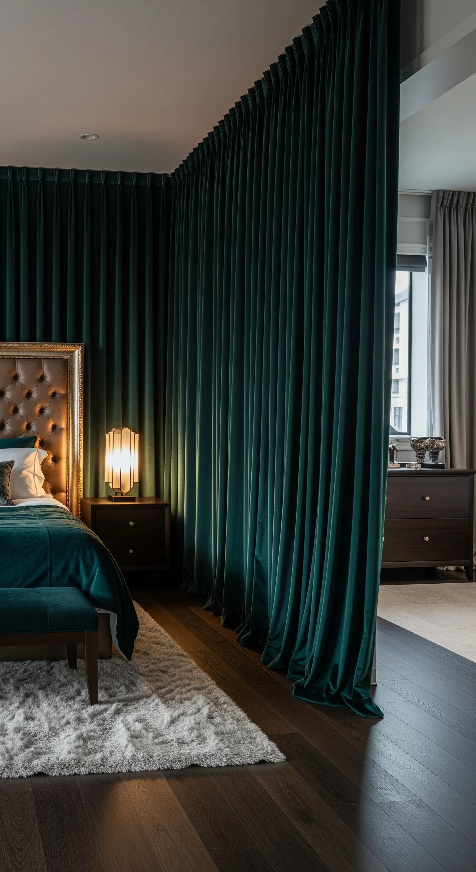 Dunkelgrüne Samtvorhänge als Raumtrenner im Schlafzimmer