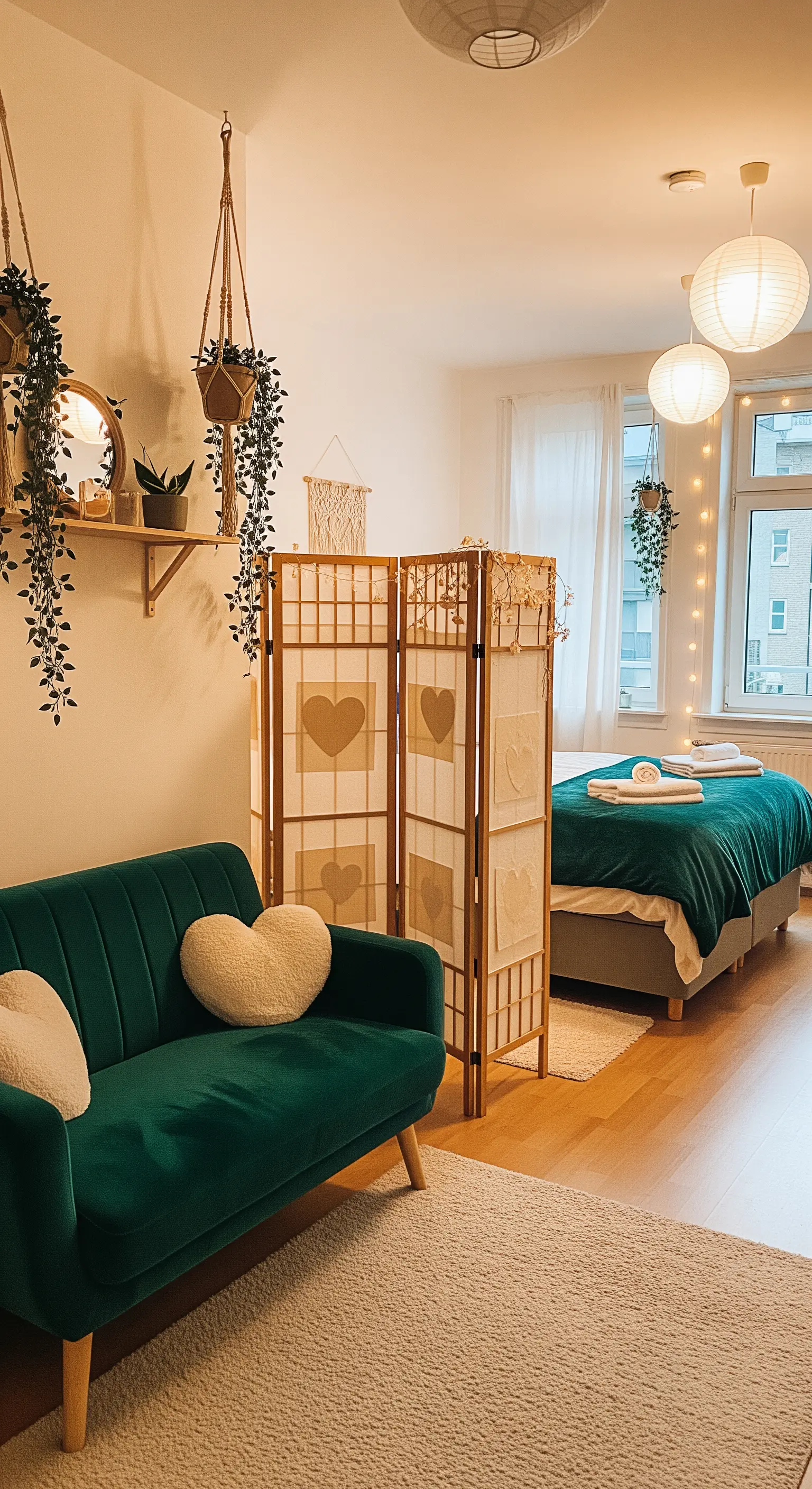 Grünes Samtsofa mit Herzkissen vor Paravent und Lichterkette