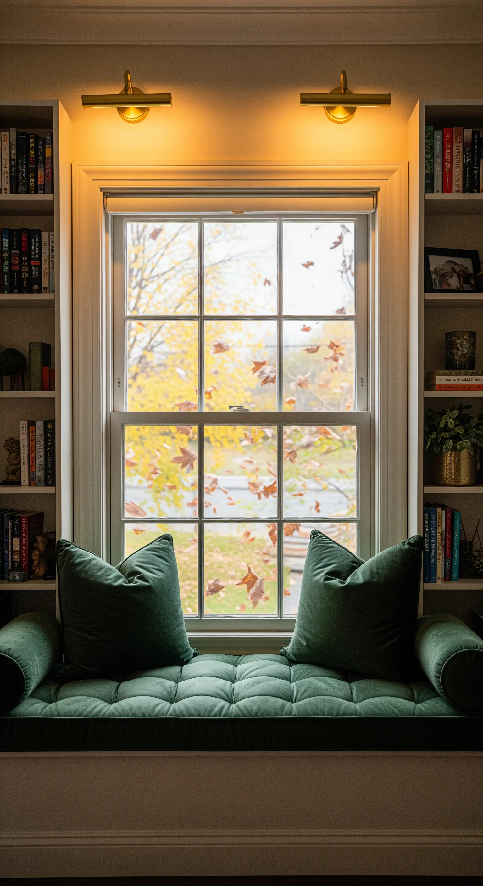 Fenstersitzbank mit grünen Samtkissen und Blick auf Herbstlaub