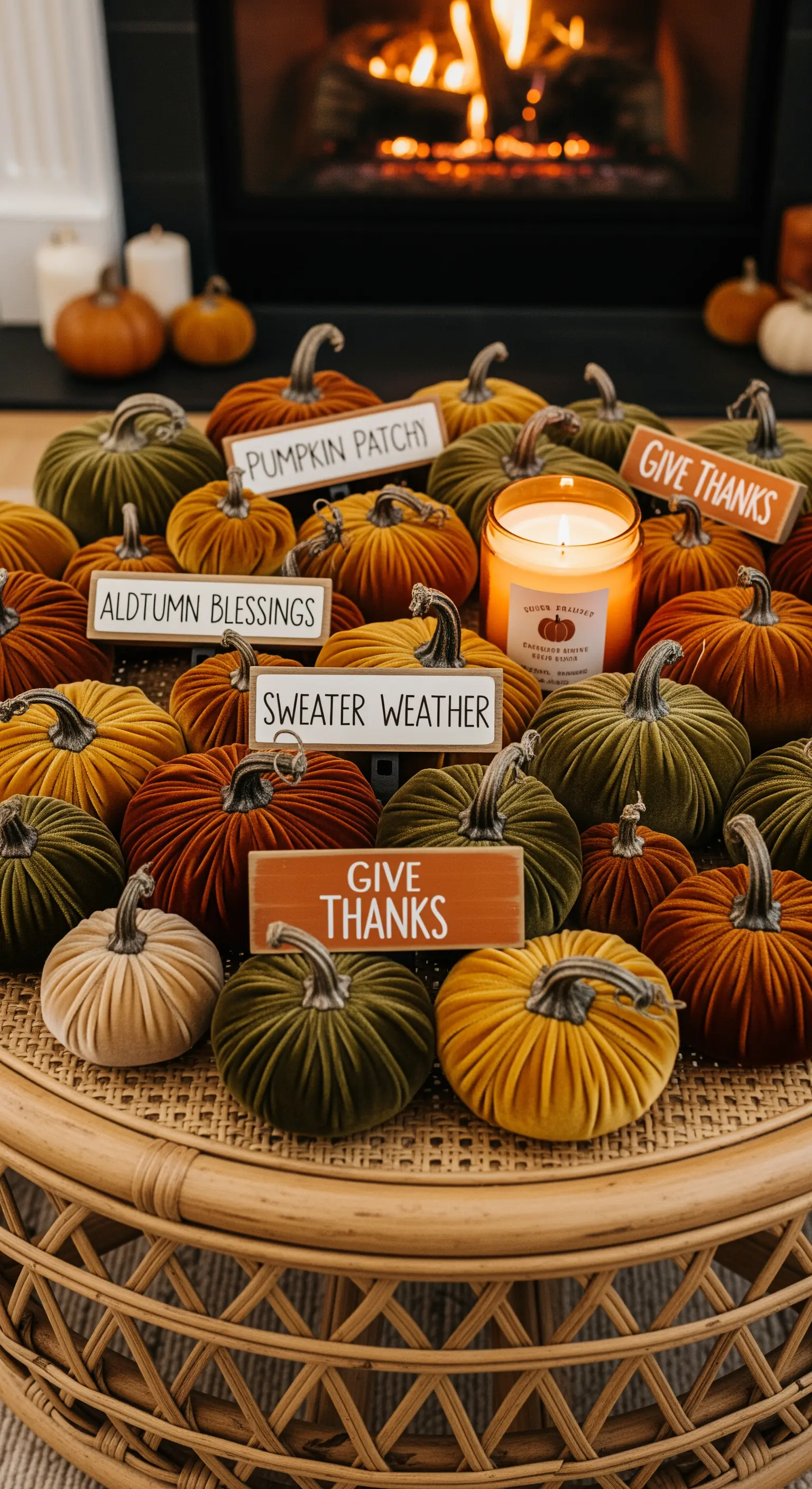 Bunte Samtkürbisse und Herbstschilder auf Rattantisch